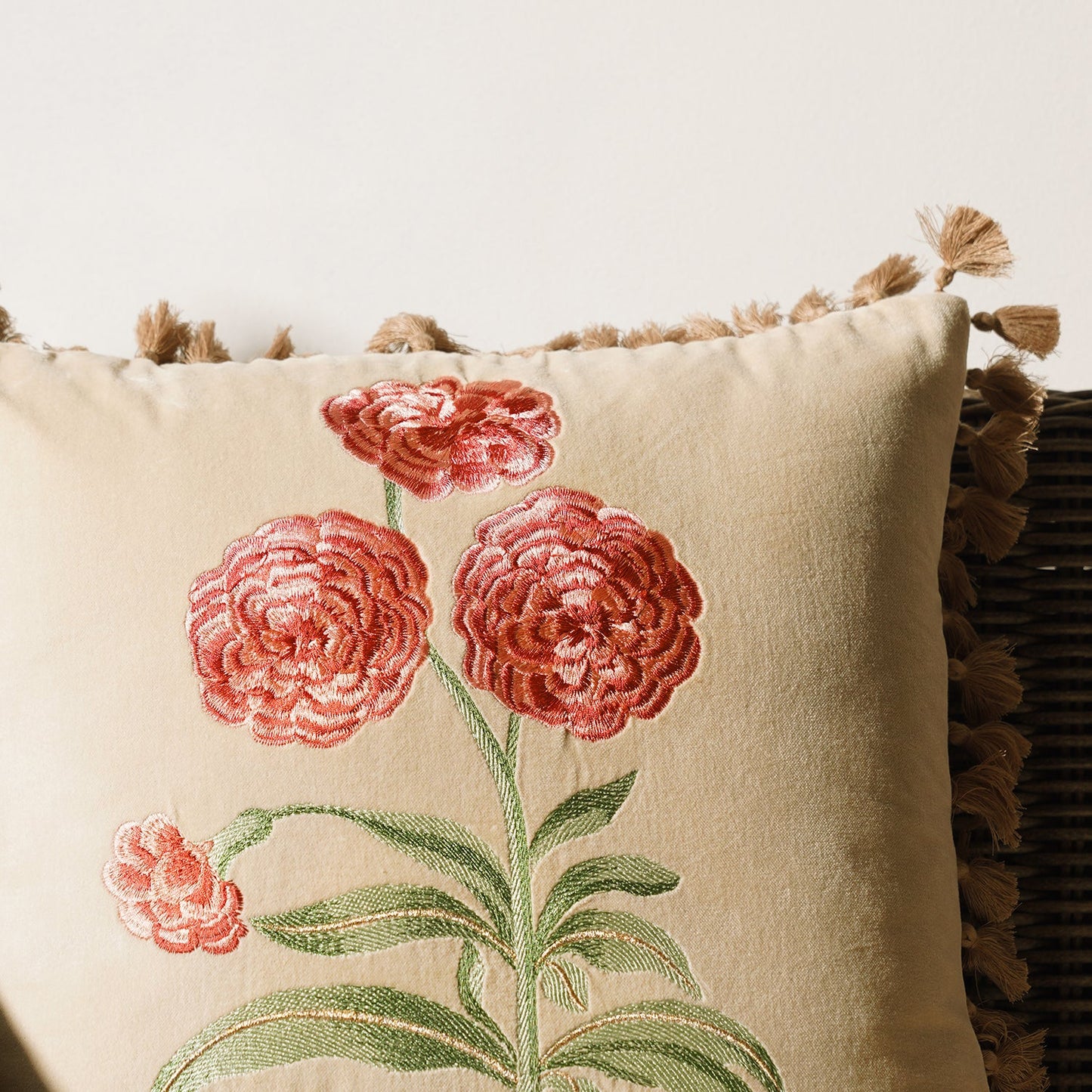 Beige Rose Embroidered Cushion Cover