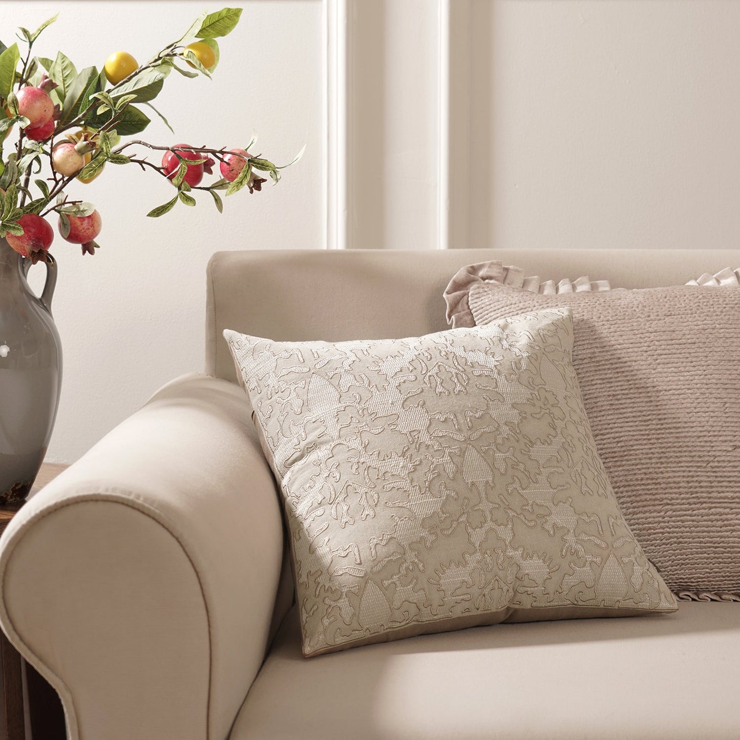 Cream Embroidered Square Cushion Cover