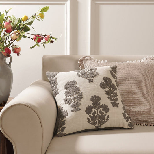 Cream Grey Embroidered Square Cushion Cover