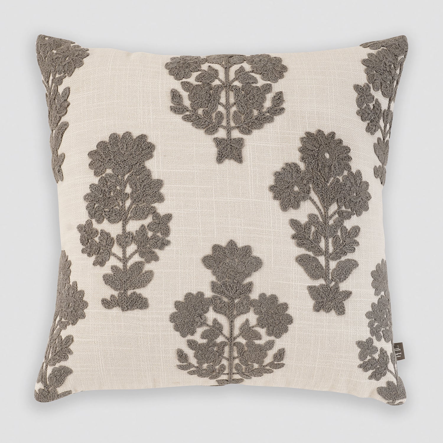 Cream Grey Embroidered Square Cushion Cover