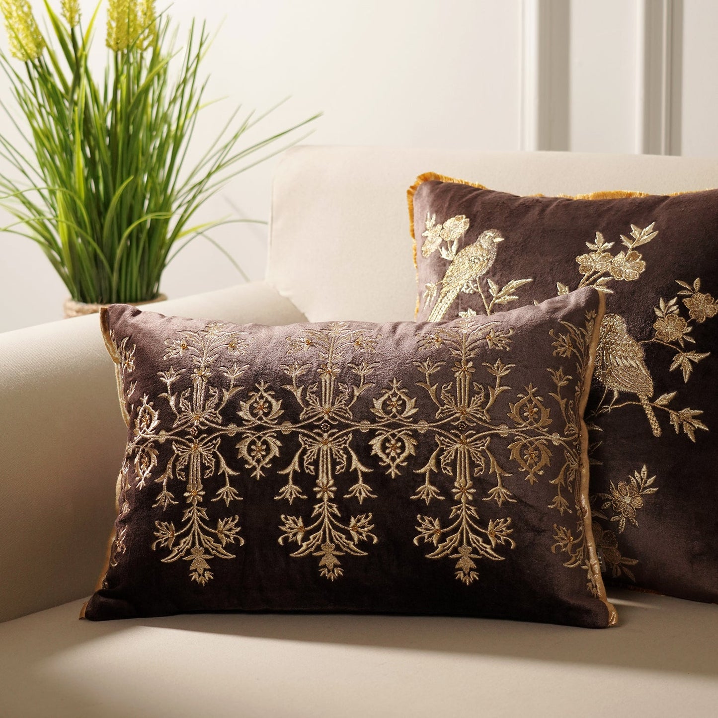 Purple Gold Embroidered Velvet Rectangle Cushion Cover
