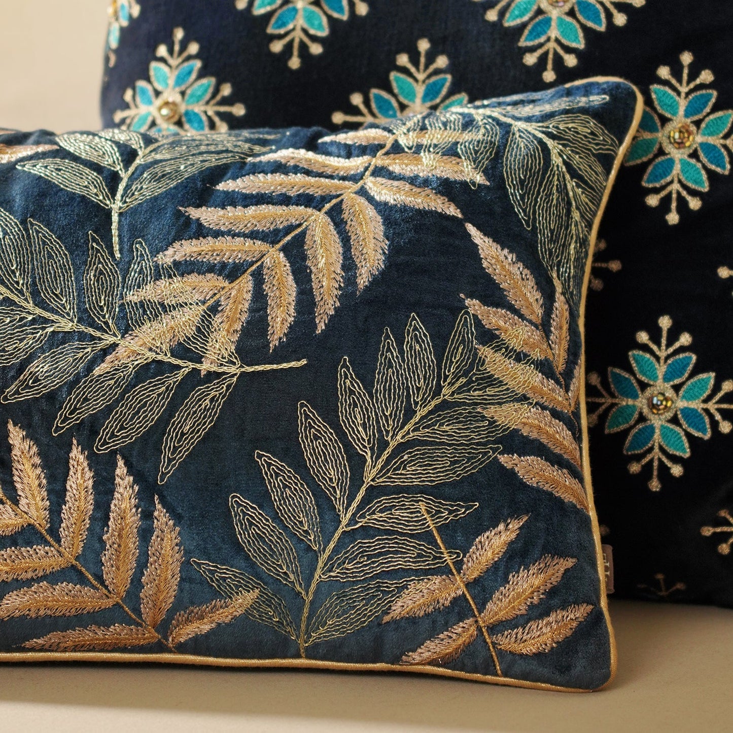 Navy Embroidered Velvet Rectangle Cushion Cover