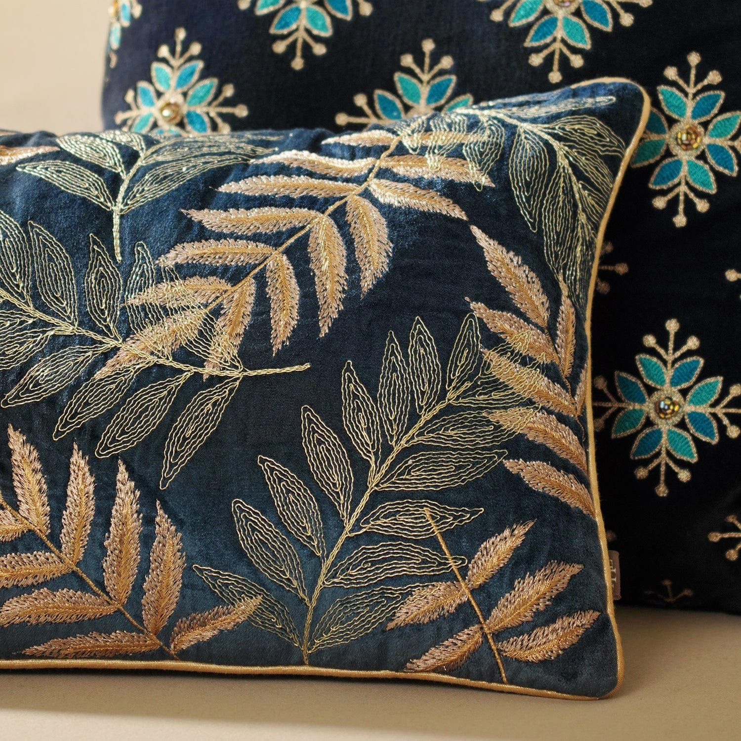 Navy Embroidered Velvet Rectangle Cushion Cover