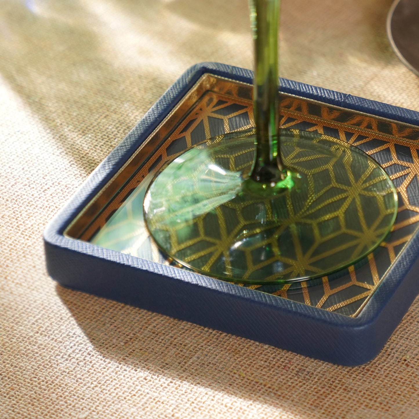 Blue Printed Glass Faux Leather Coaster