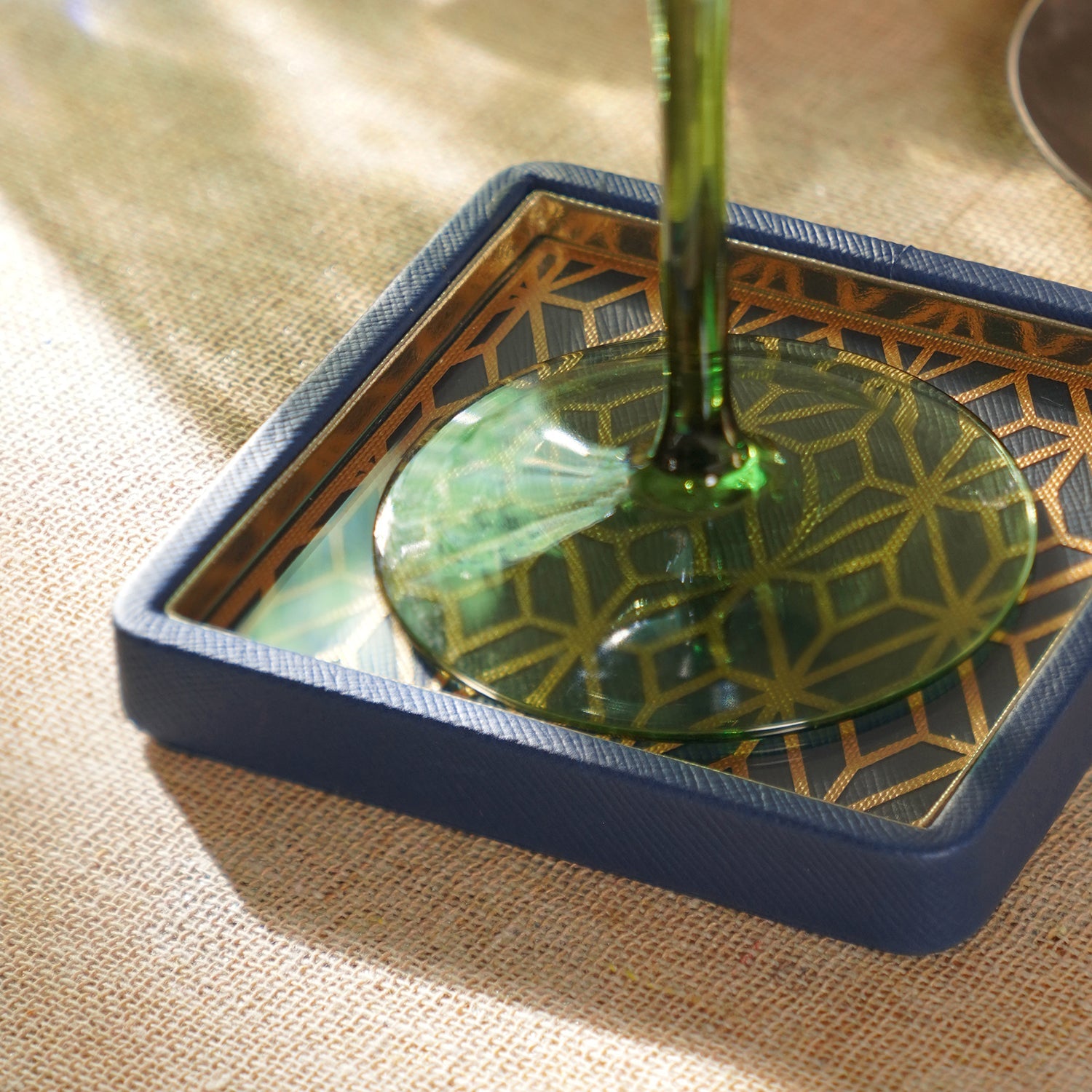 Blue Printed Glass Faux Leather Coaster
