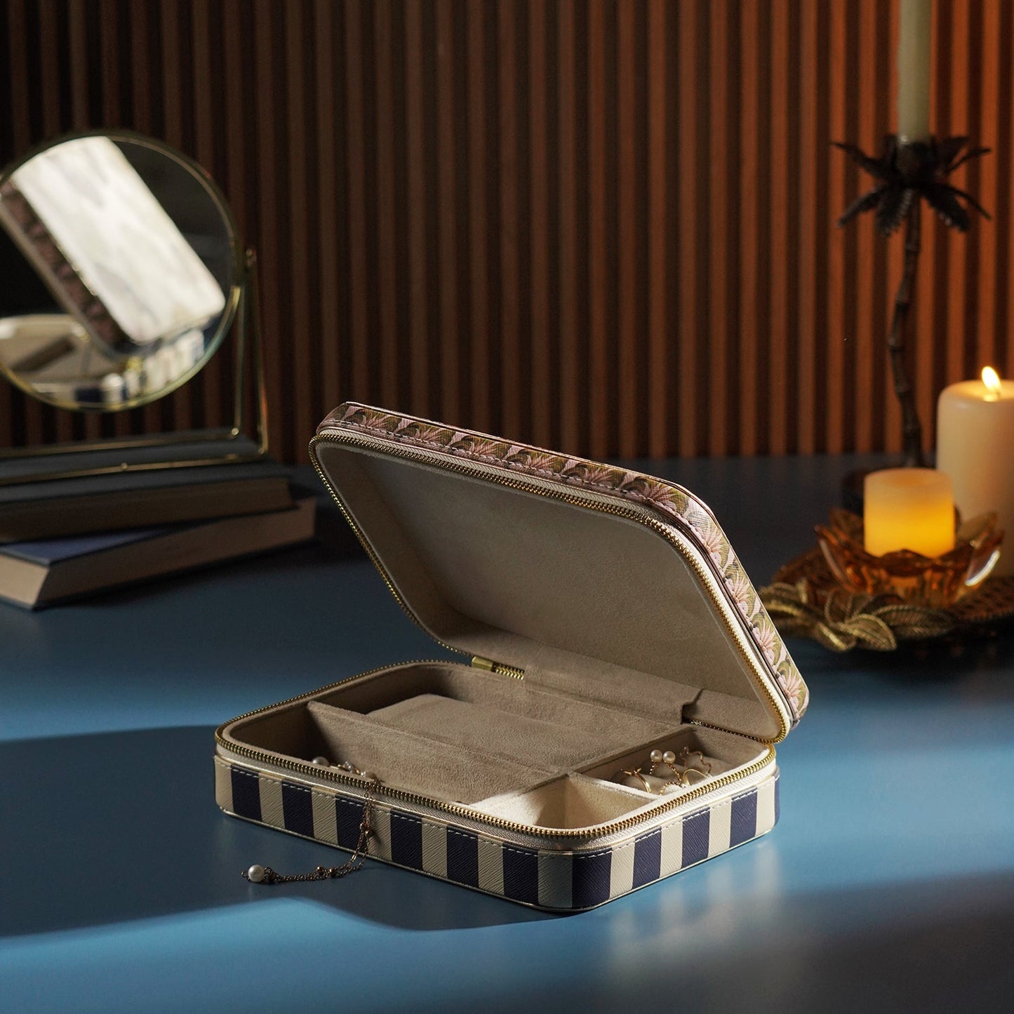 Blue Solene Rectangle Faux Leather Travel Jewellery Box