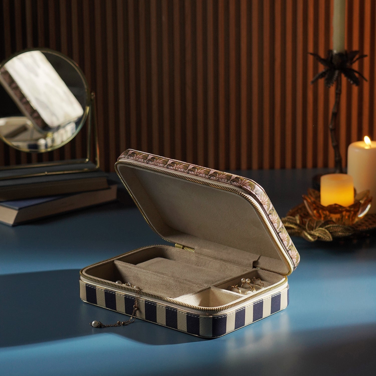 Blue Solene Rectangle Faux Leather Travel Jewellery Box