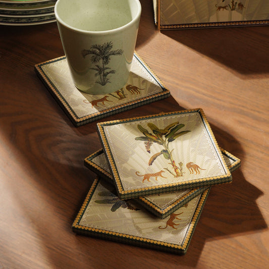 Set of 4 Beige Leopard Print Faux Leather Coasters