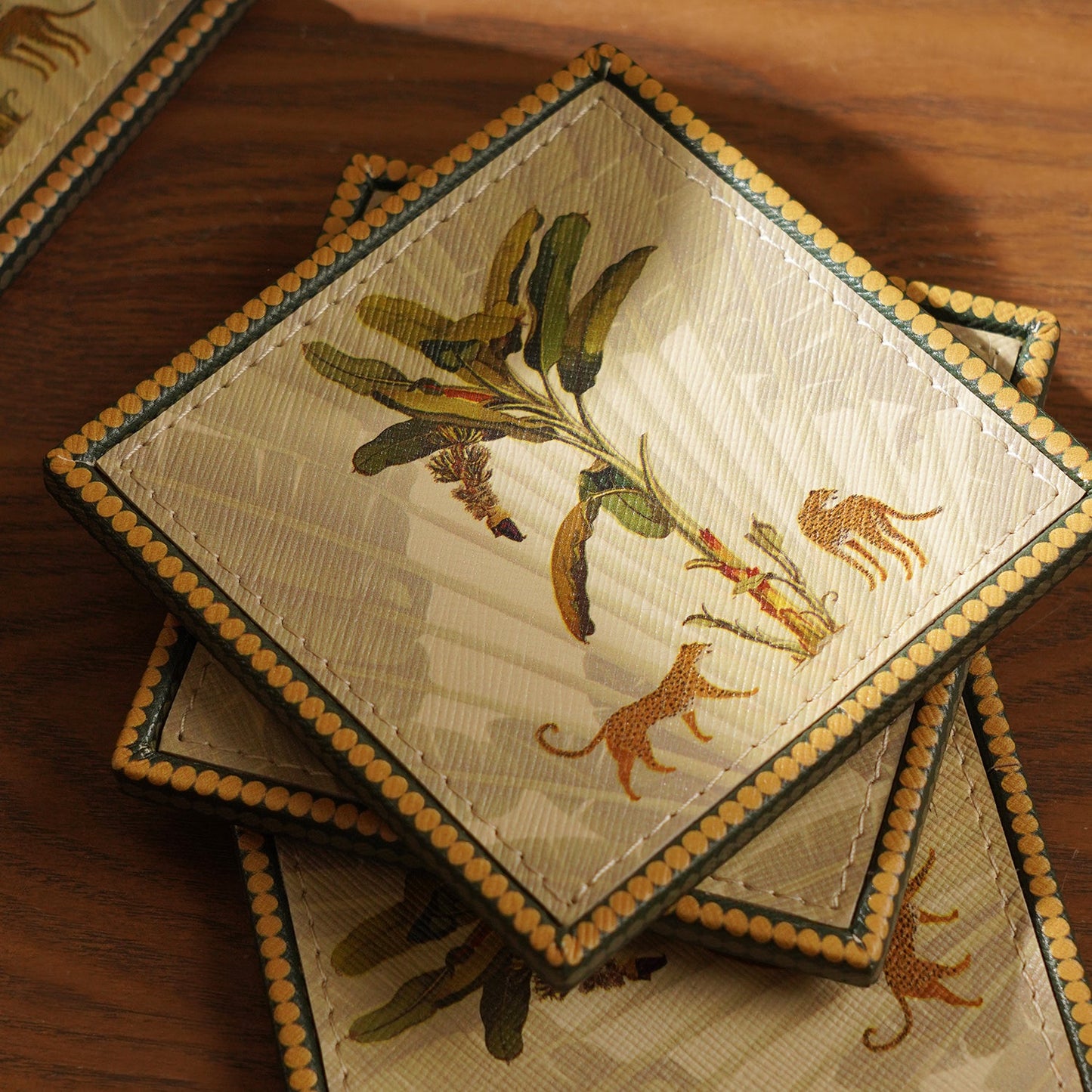 Set of 4 Beige Leopard Print Faux Leather Coasters