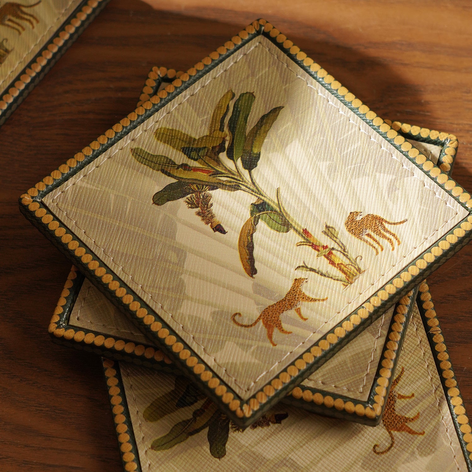 Set of 4 Beige Leopard Print Faux Leather Coasters