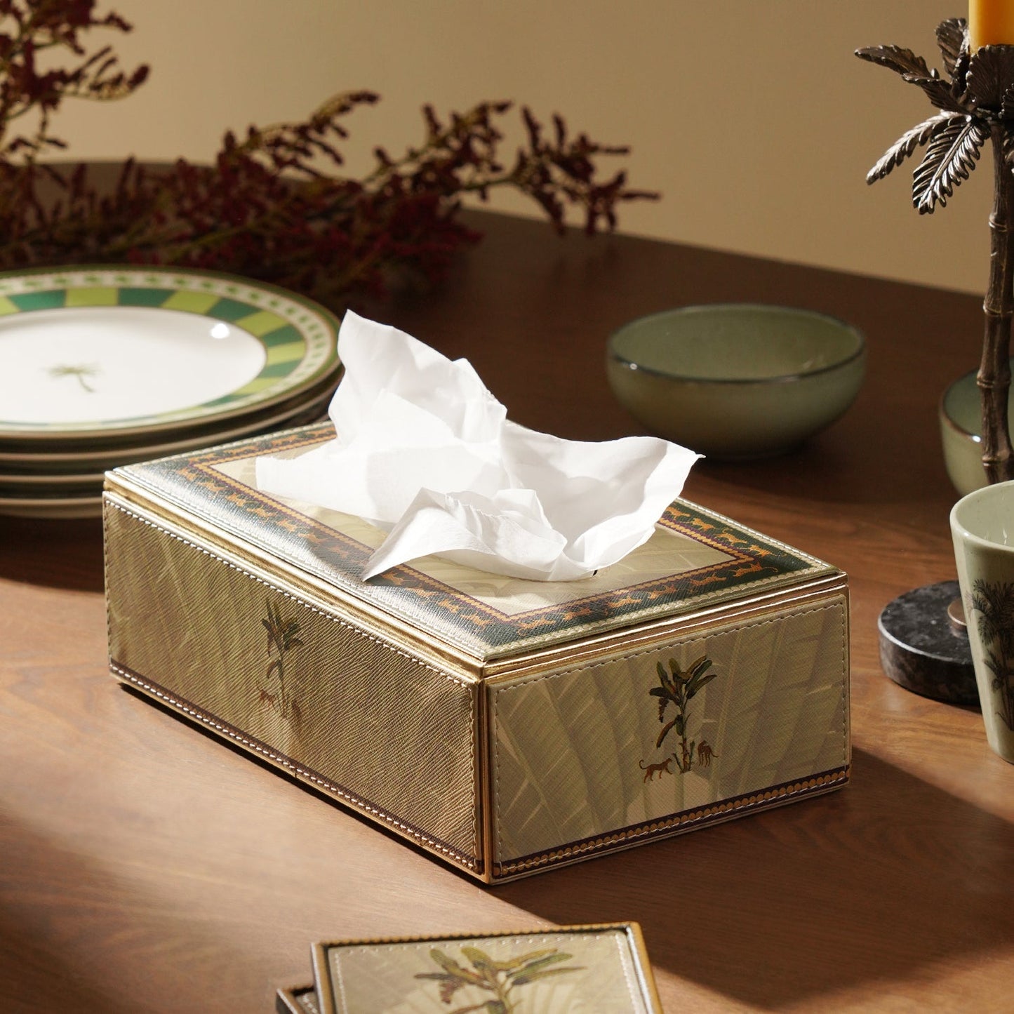 Beige Leopard Print Faux Leather Tissue Box