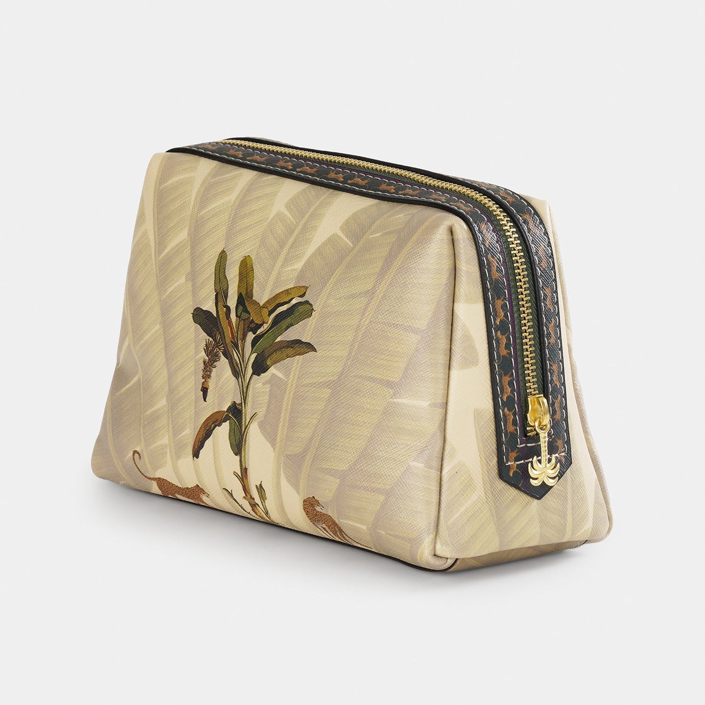 Beige Leopard Print Faux Leather Vanity Pouch - Large
