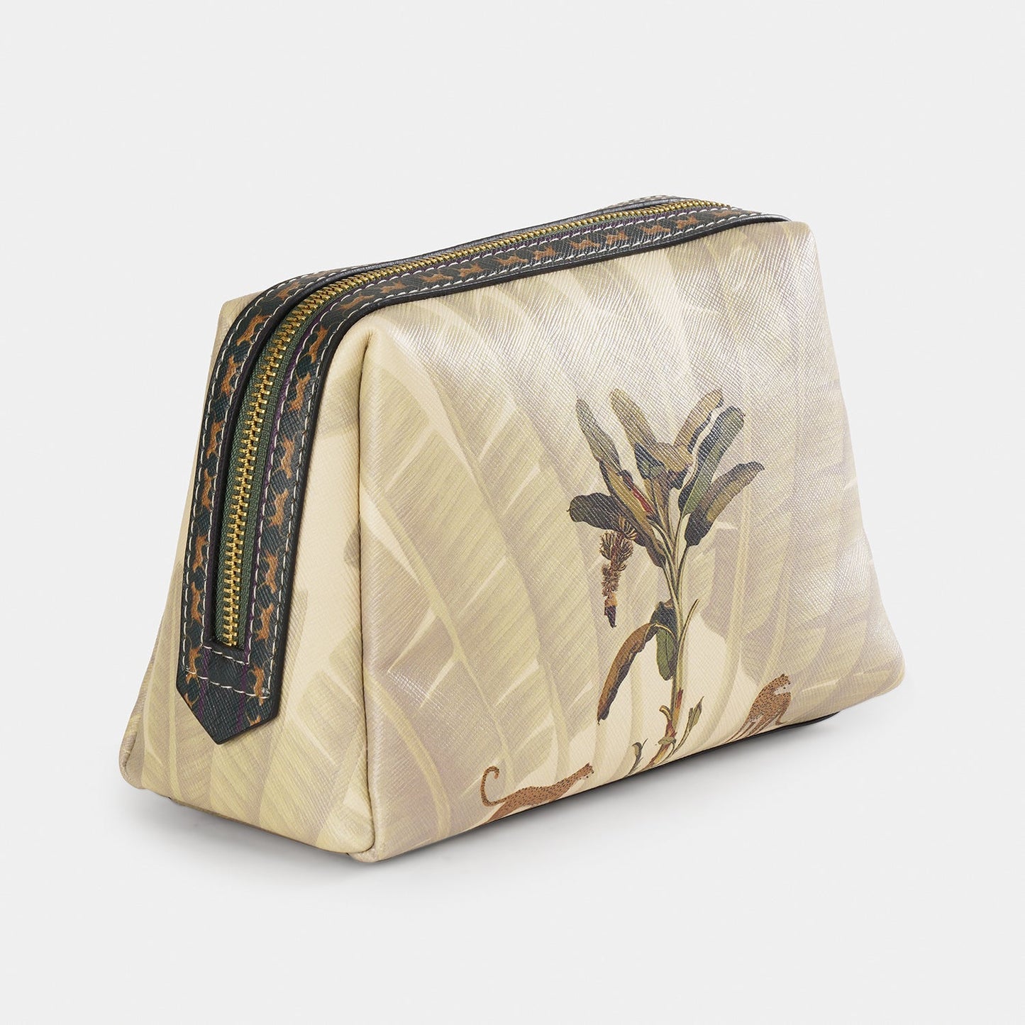 Beige Leopard Print Faux Leather Vanity Pouch - Large
