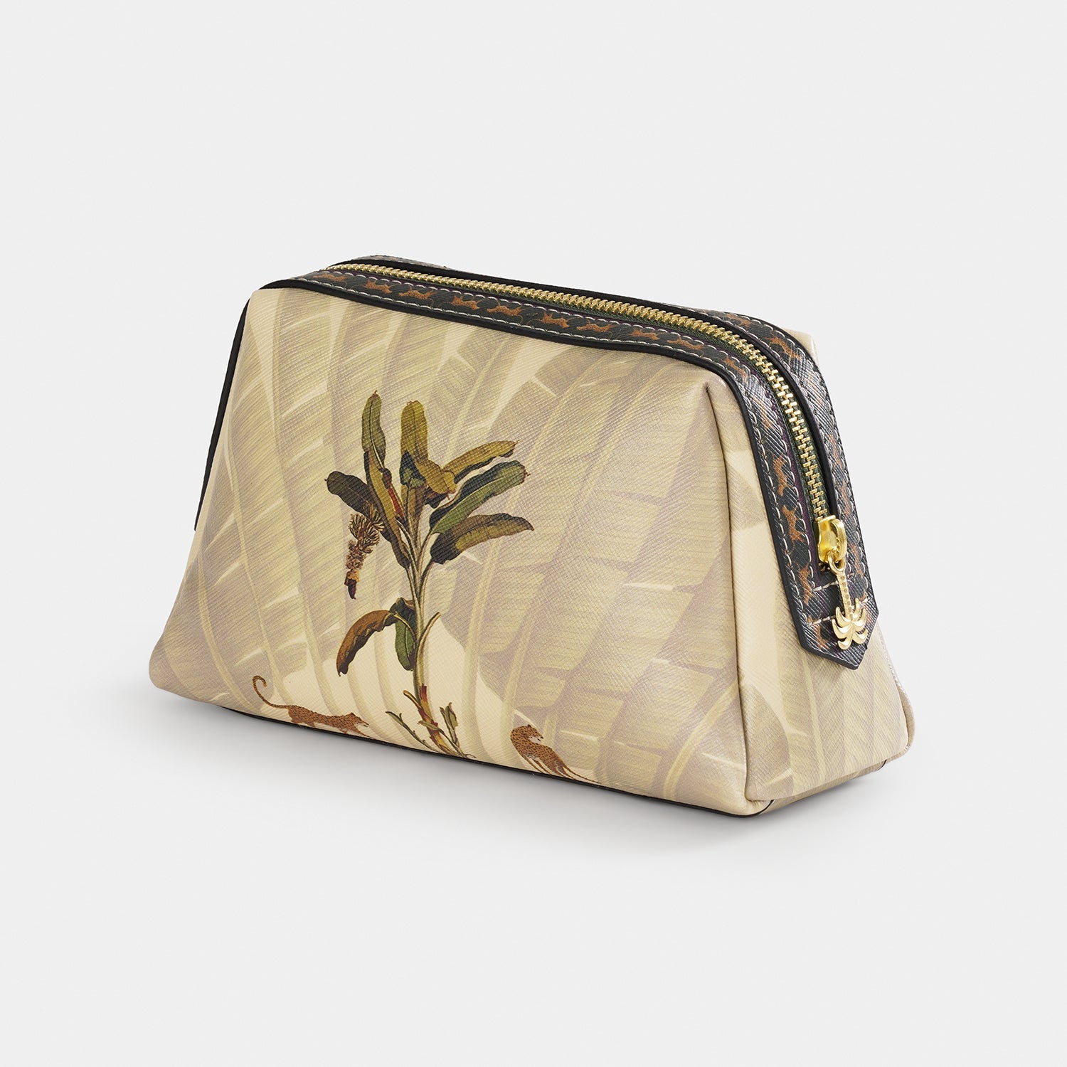 Beige Leopard Print Faux Leather Vanity Pouch - Small
