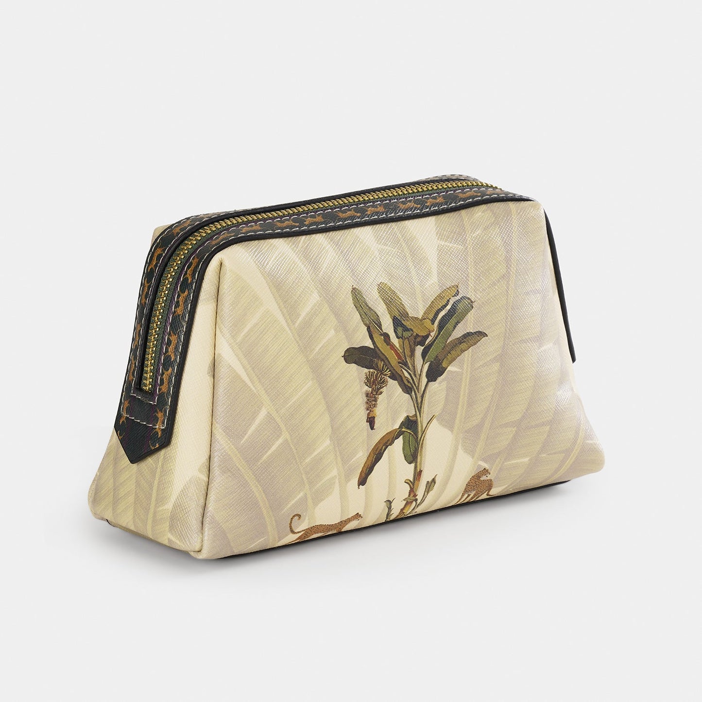 Beige Leopard Print Faux Leather Vanity Pouch - Small
