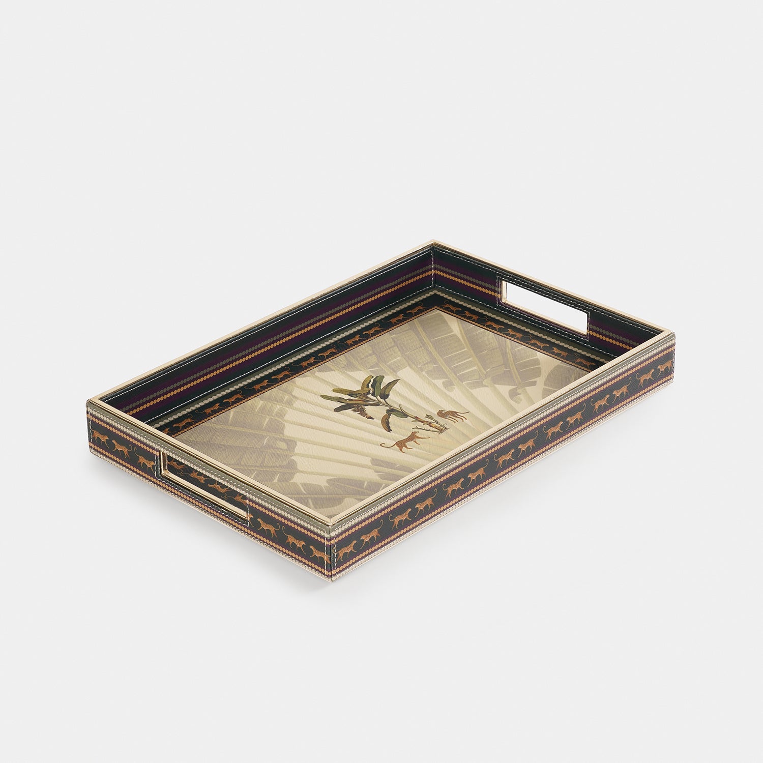 Beige Leopard Print Faux Leather Rectangle Tray