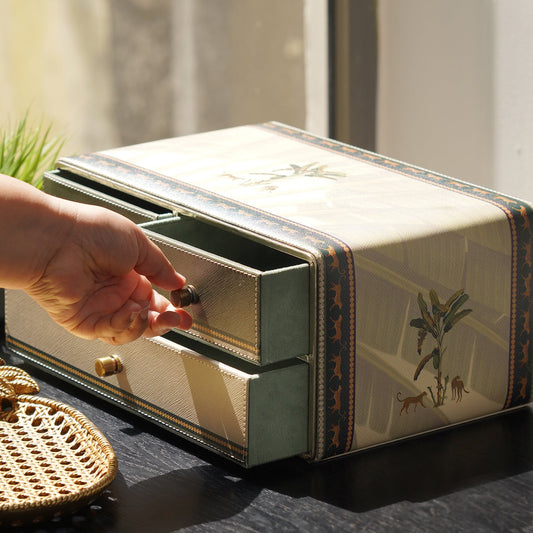 Beige Leopard Print Faux Leather Desk Organiser with Drawer