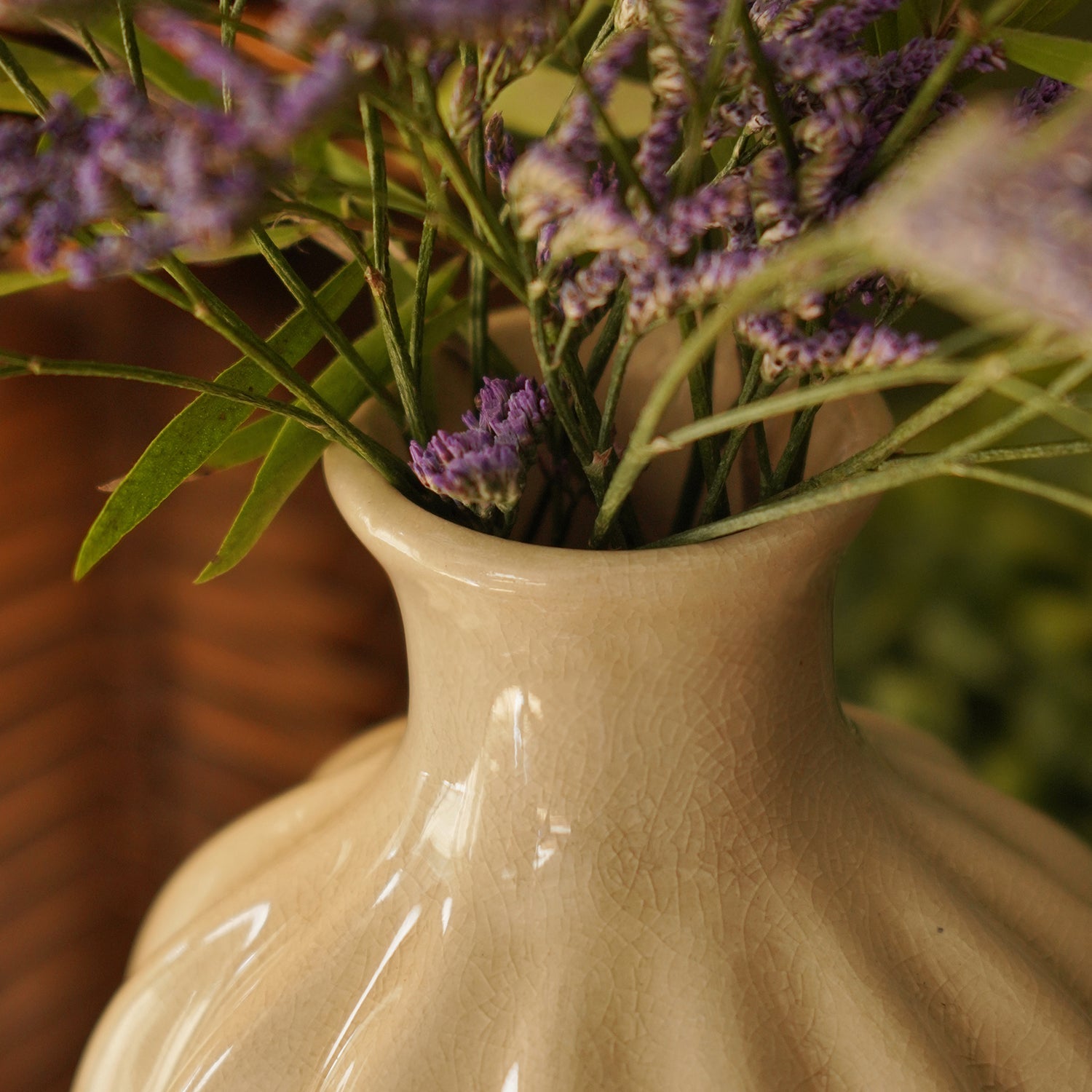 Beige Ribbed Ceramic Vase - Small