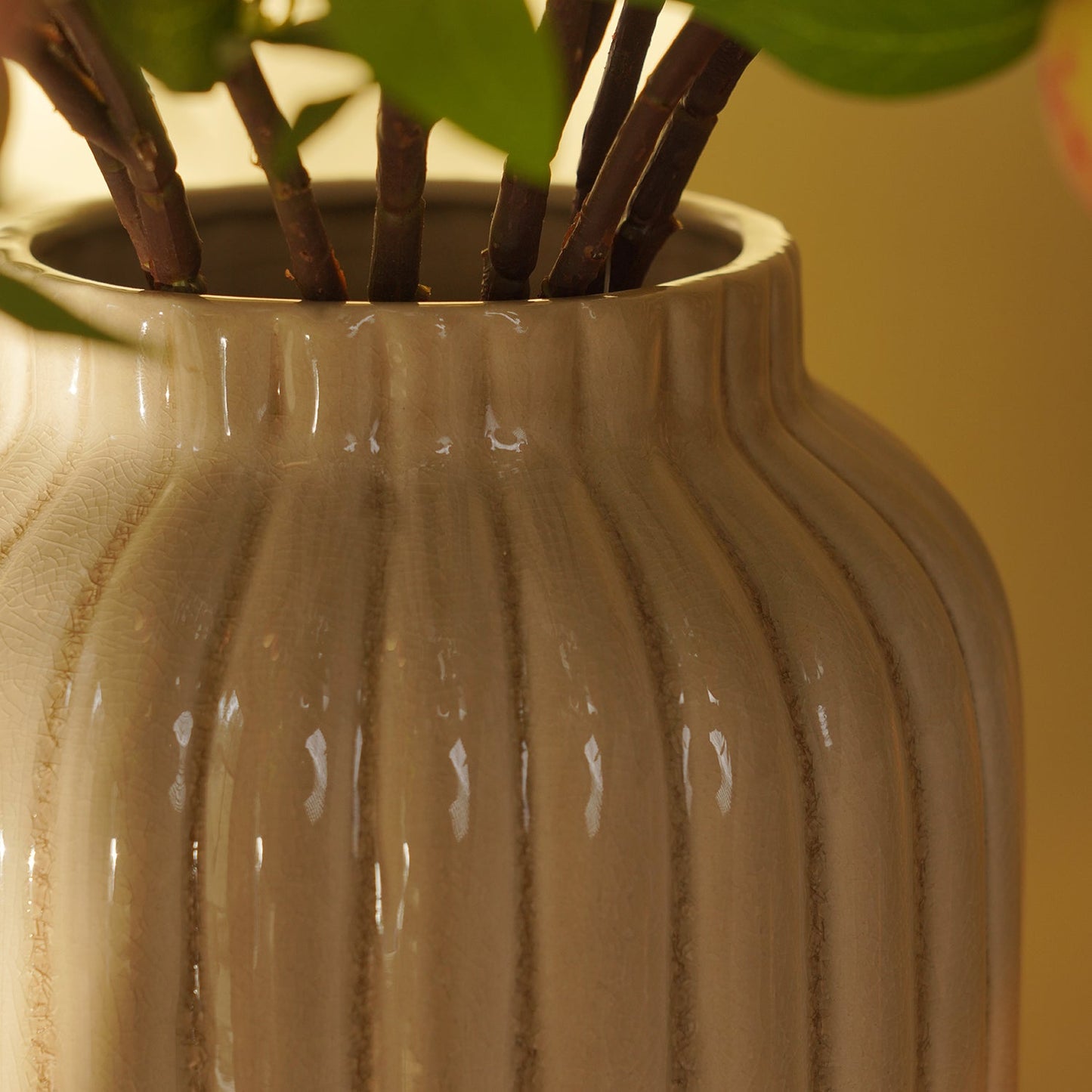 Beige Ribbed Ceramic Vase - Large