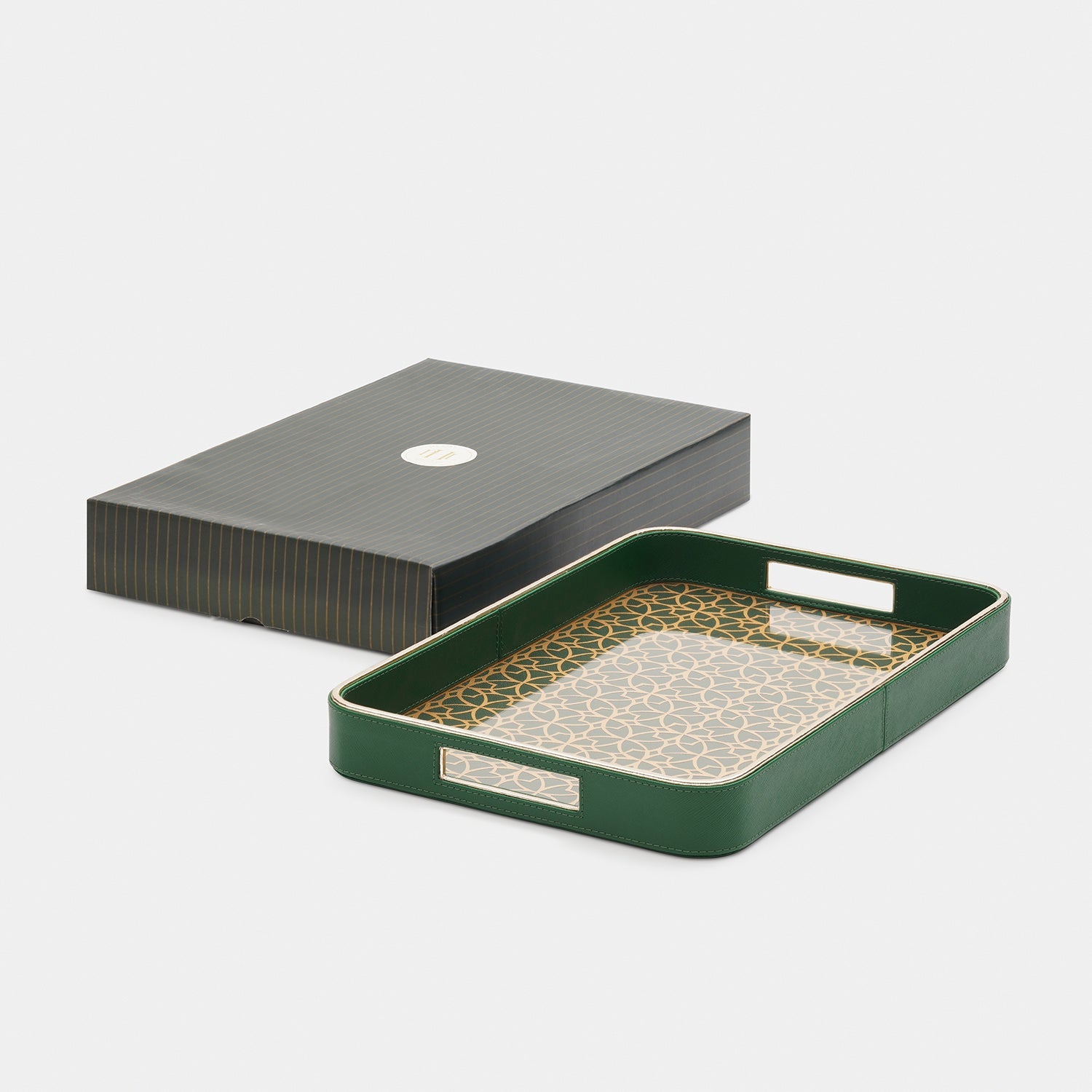 Green Printed Glass Rectangle Faux Leather Tray