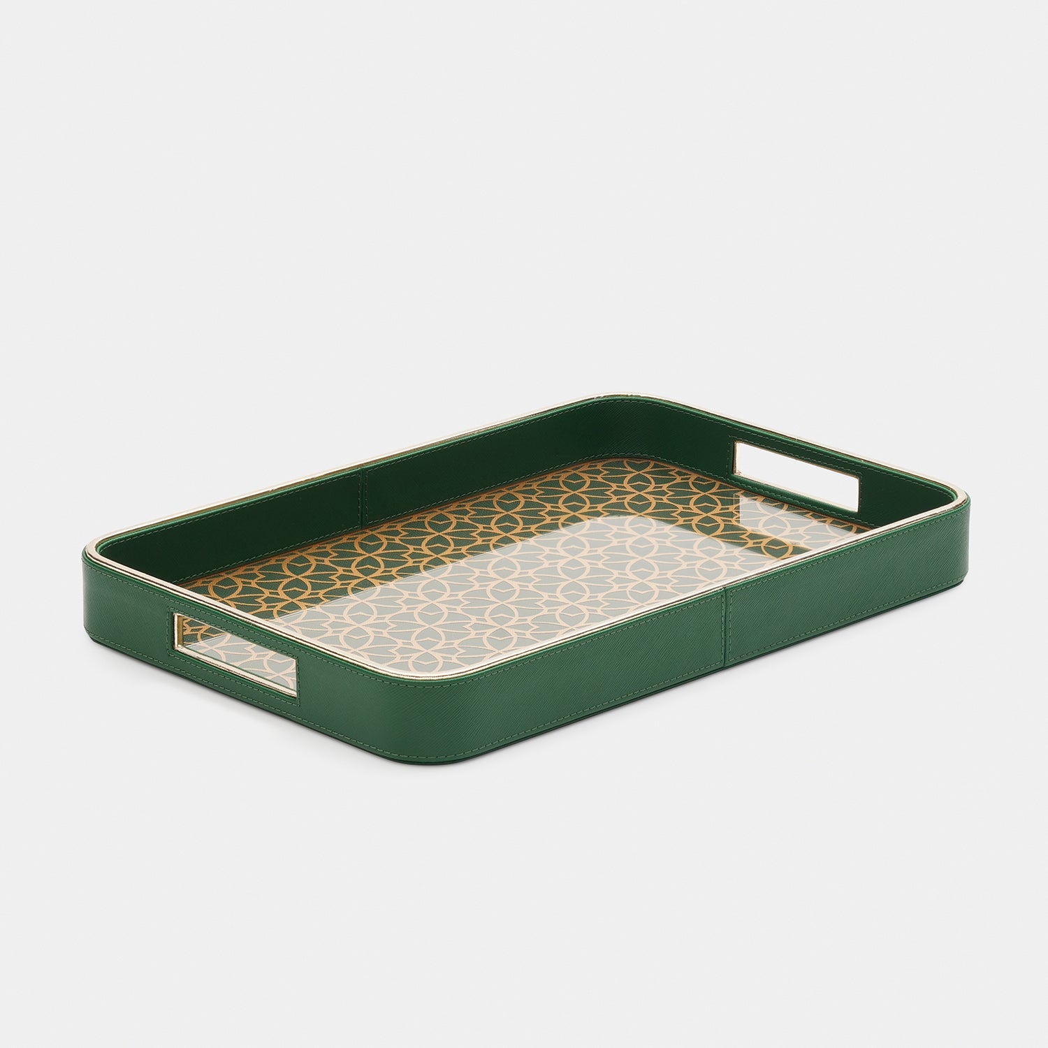 Green Printed Glass Rectangle Faux Leather Tray