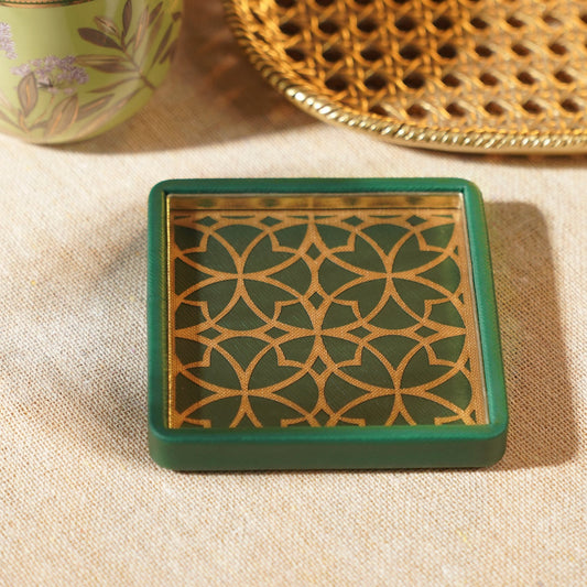 Green Printed Glass Faux Leather Coaster