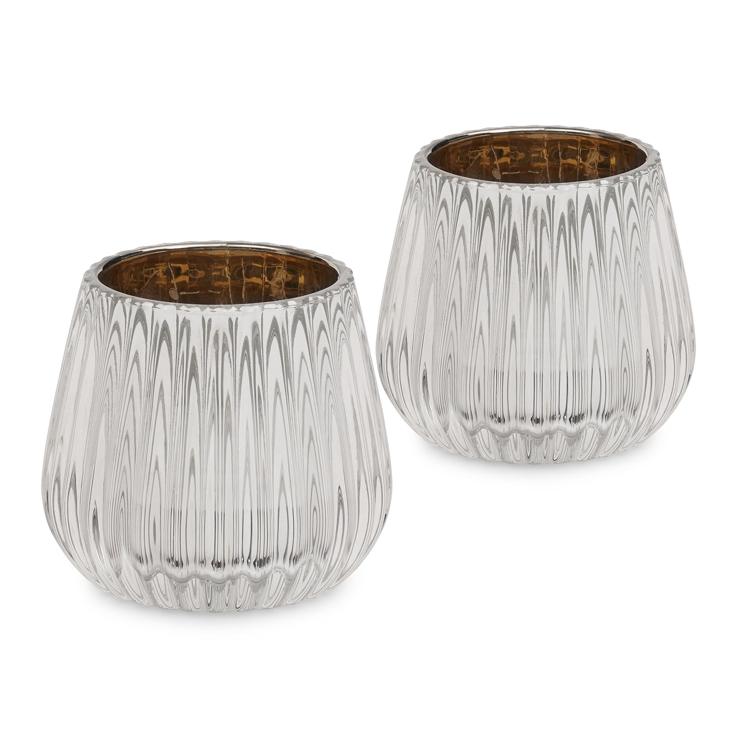 Set of 2 Silver Ribbed Texture Tealight Holders
