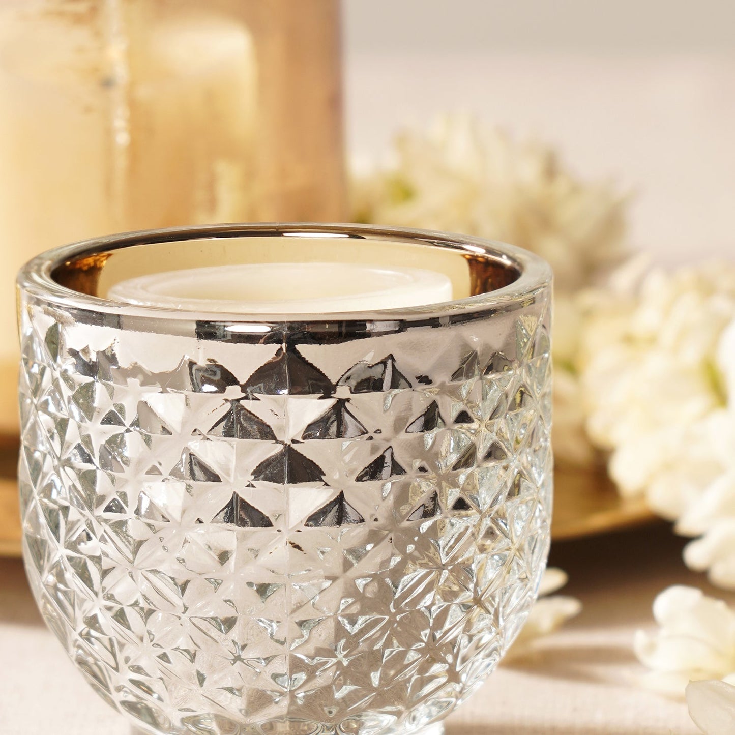 Set of 2 Silver Glass Diamond Tealight Holders - Small