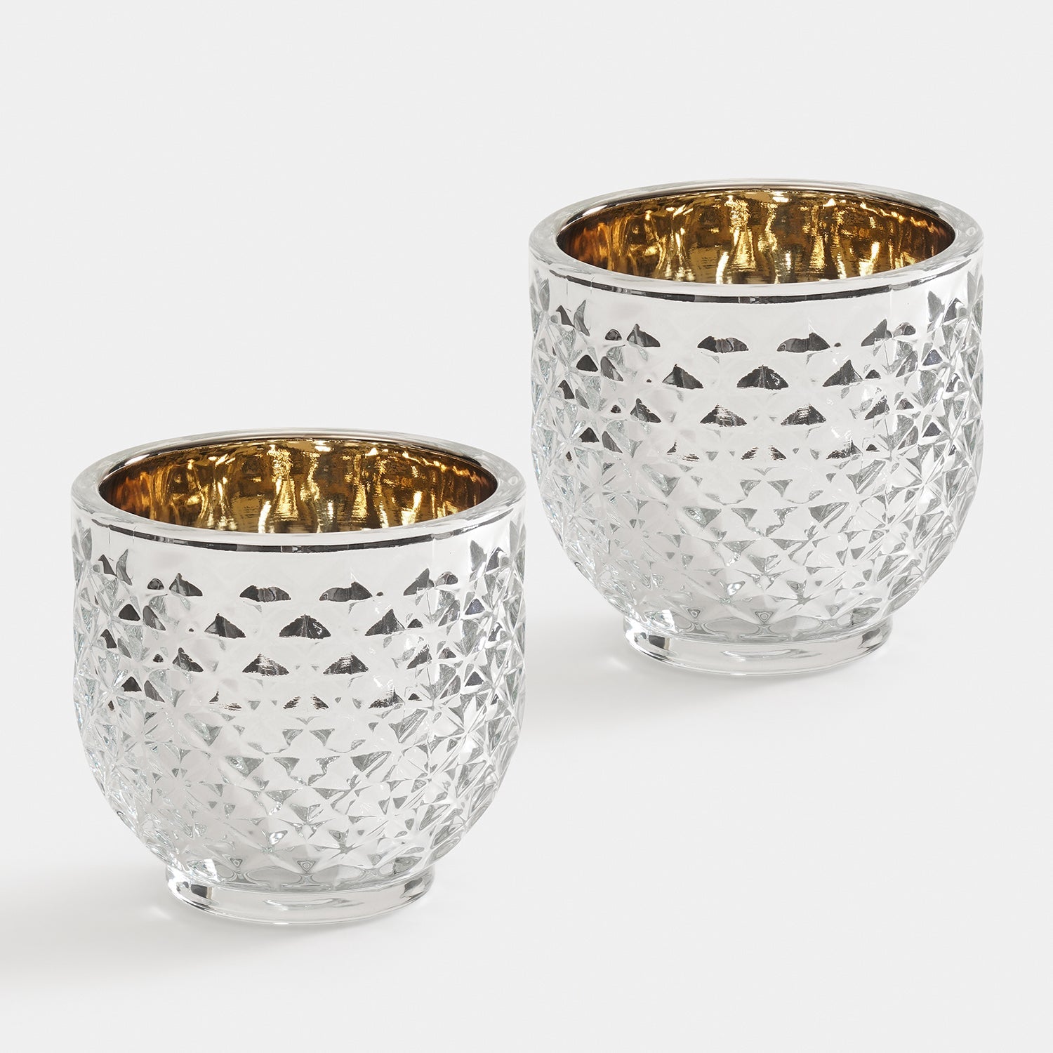 Set of 2 Silver Glass Diamond Tealight Holders - Small