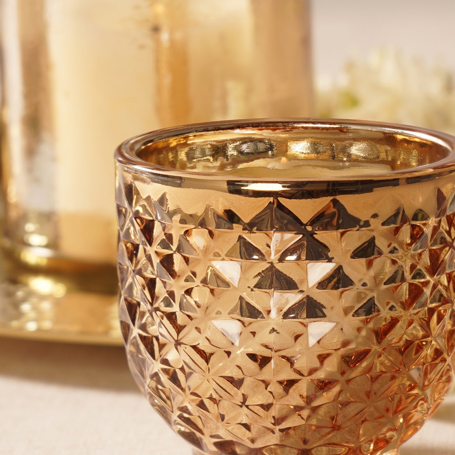 Set of 2 Gold Glass Diamond Tealight Holders - Small
