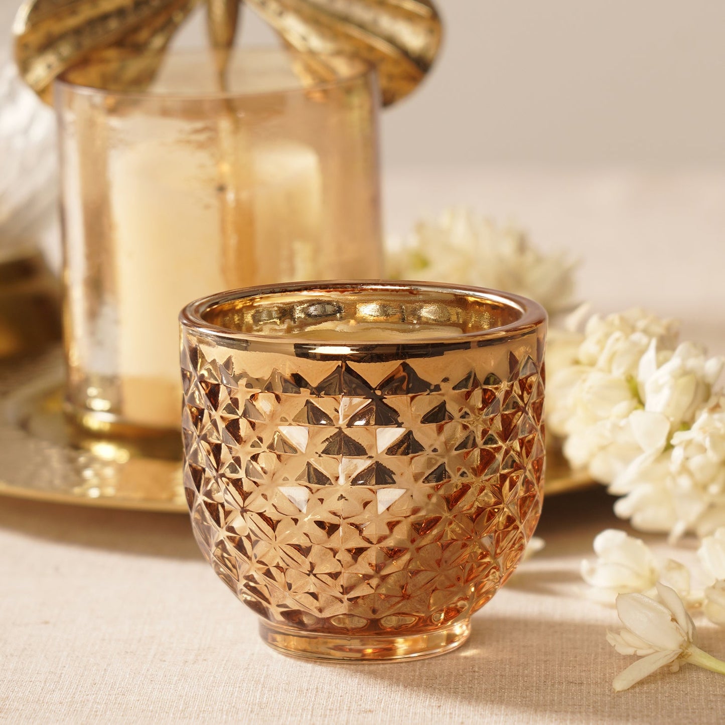 Set of 2 Gold Glass Diamond Tealight Holders - Small