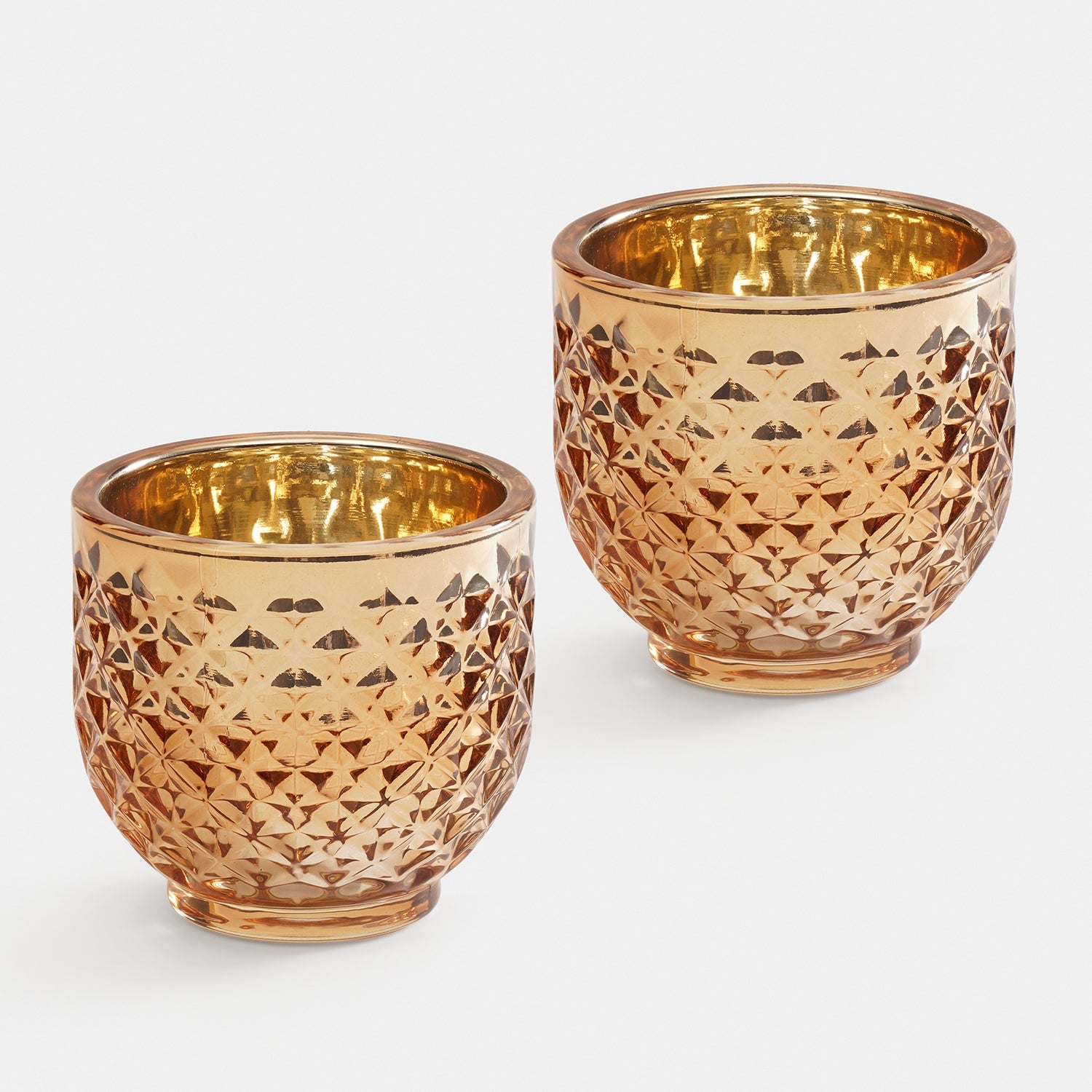 Set of 2 Gold Glass Diamond Tealight Holders - Small