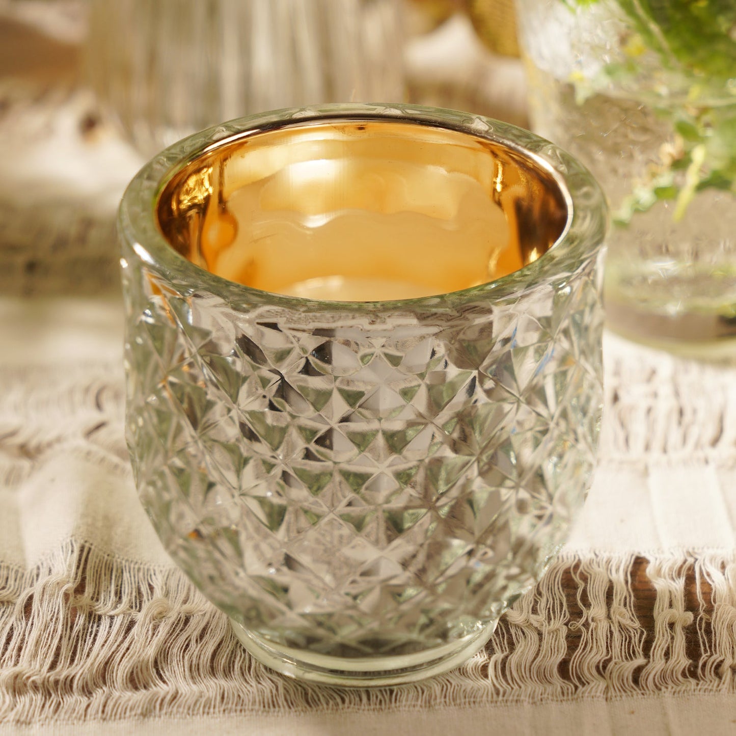 Set of 2 Silver Diamond Textured Tealight Holders - Large