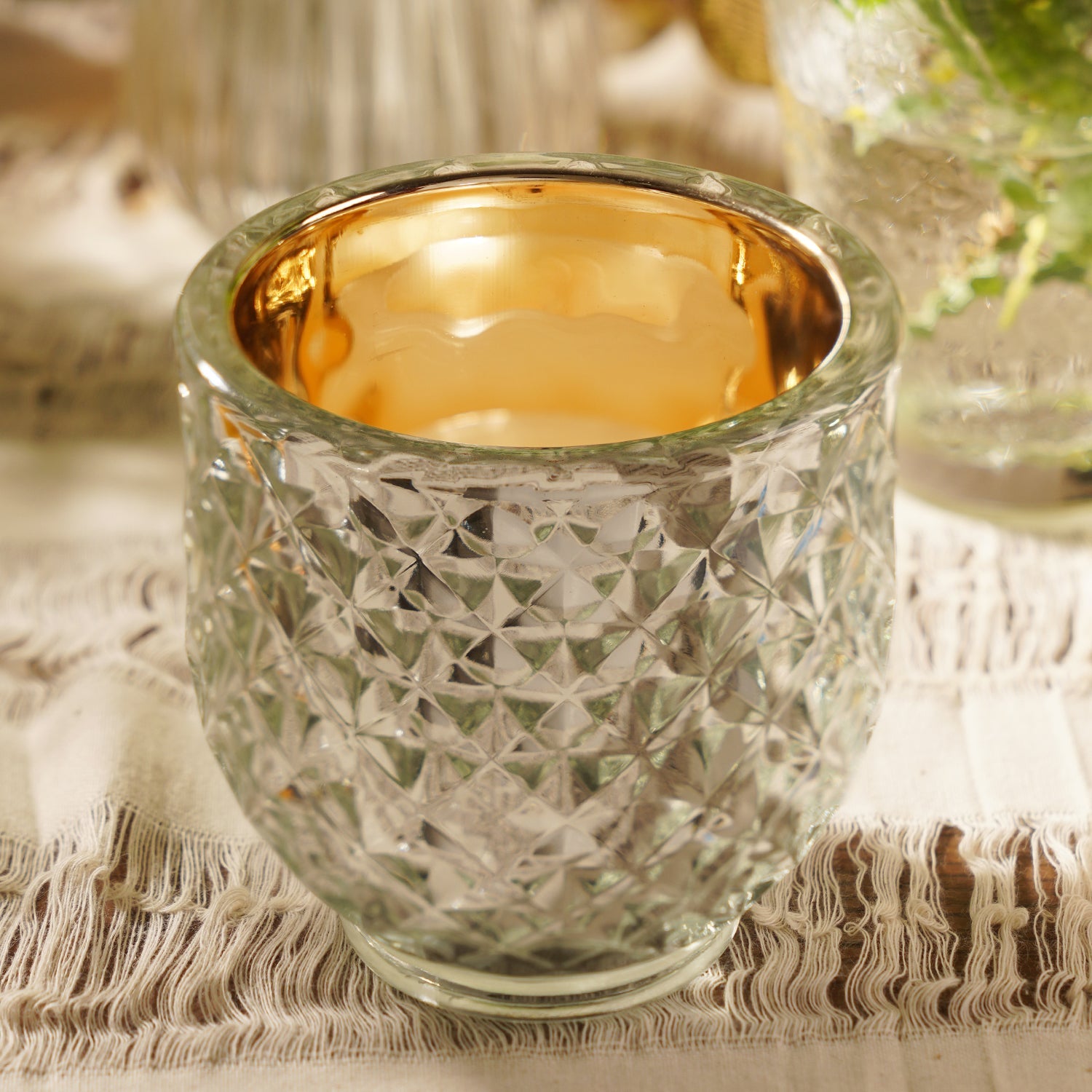 Set of 2 Silver Diamond Textured Tealight Holders - Large