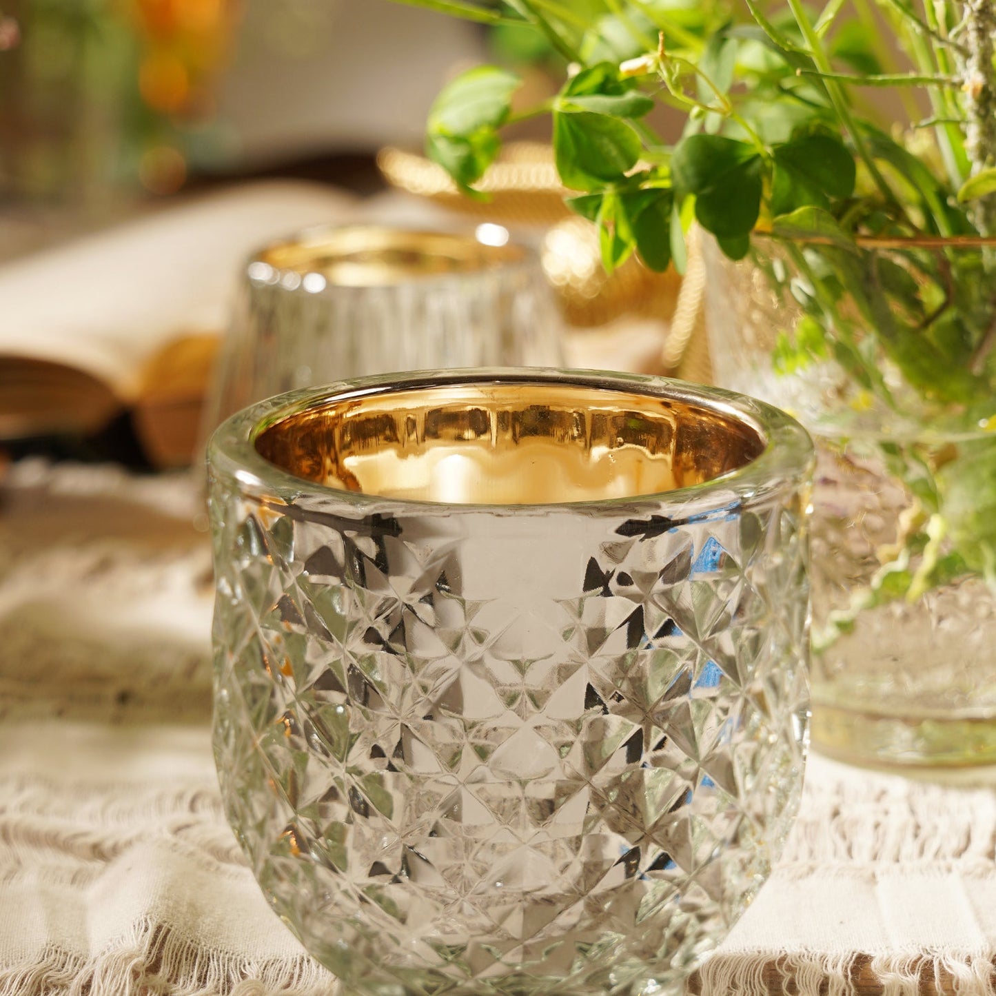 Set of 2 Silver Diamond Textured Tealight Holders - Large