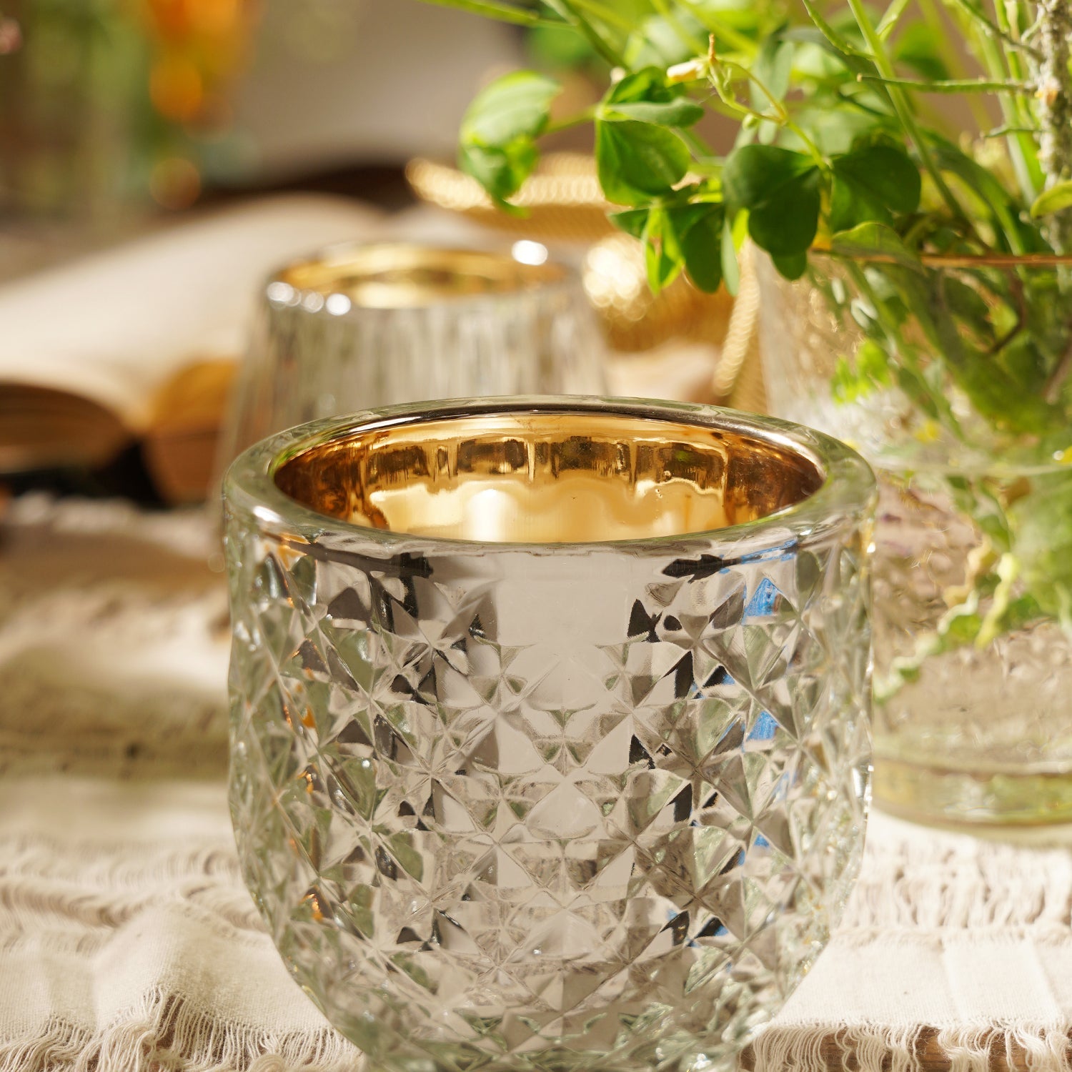 Set of 2 Silver Diamond Textured Tealight Holders - Large