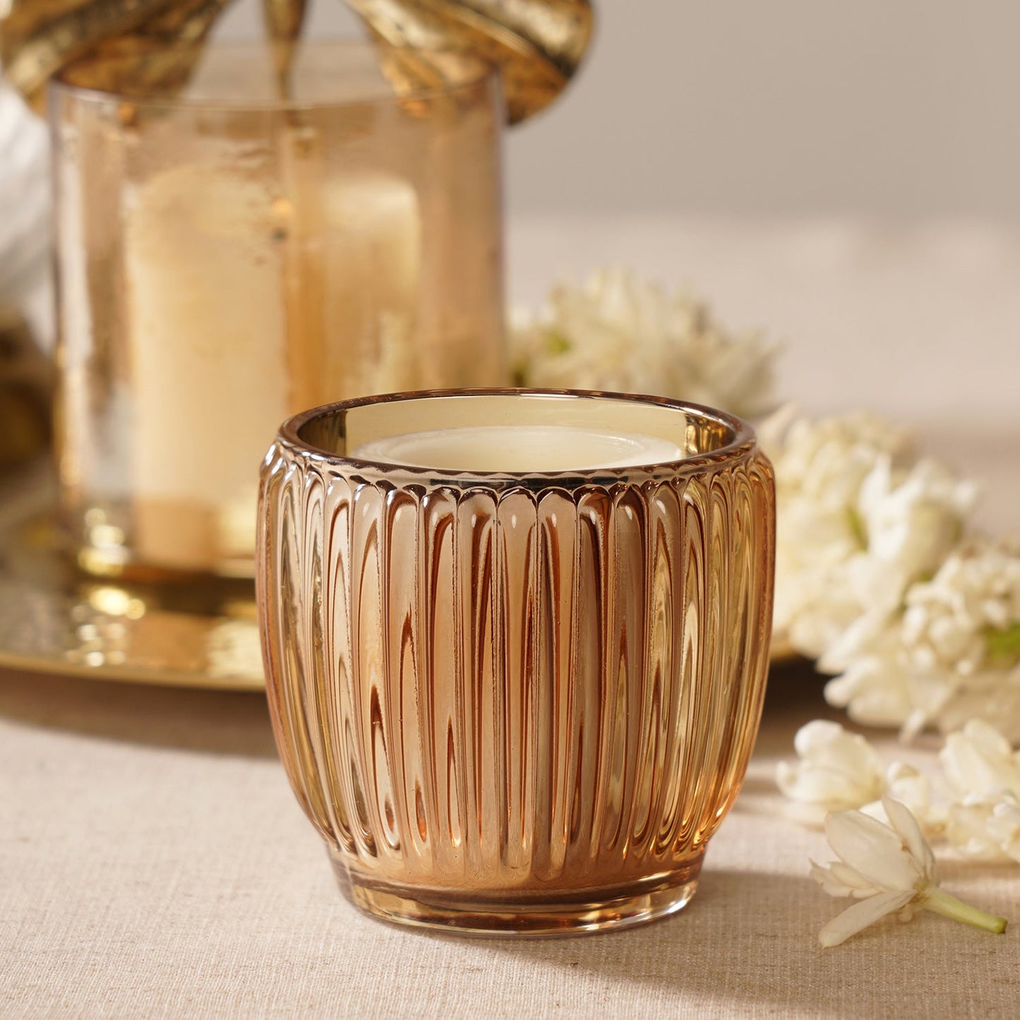 Set of 2 Gold Glass Ribbed Tealight Holders - Large