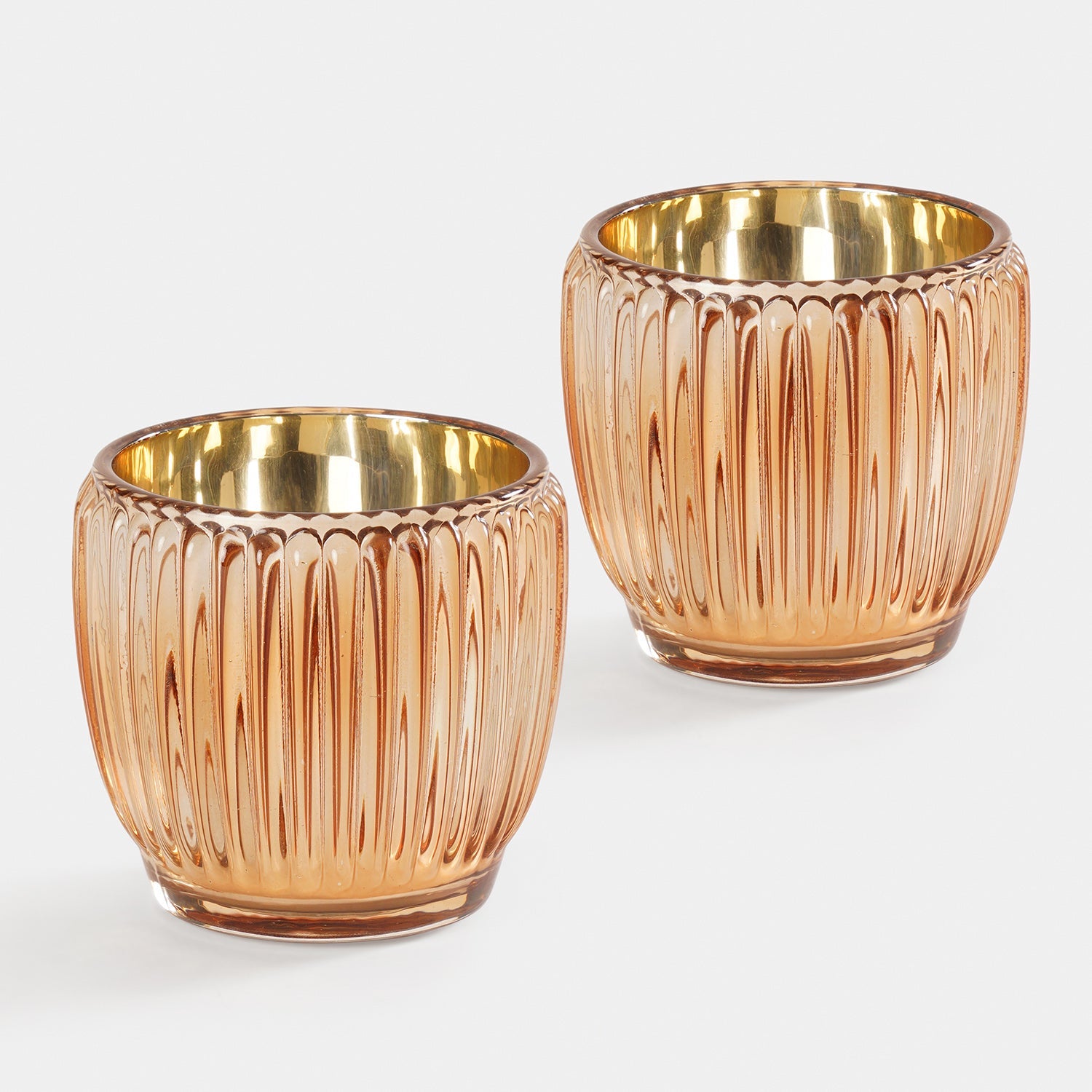 Set of 2 Gold Glass Ribbed Tealight Holders - Large