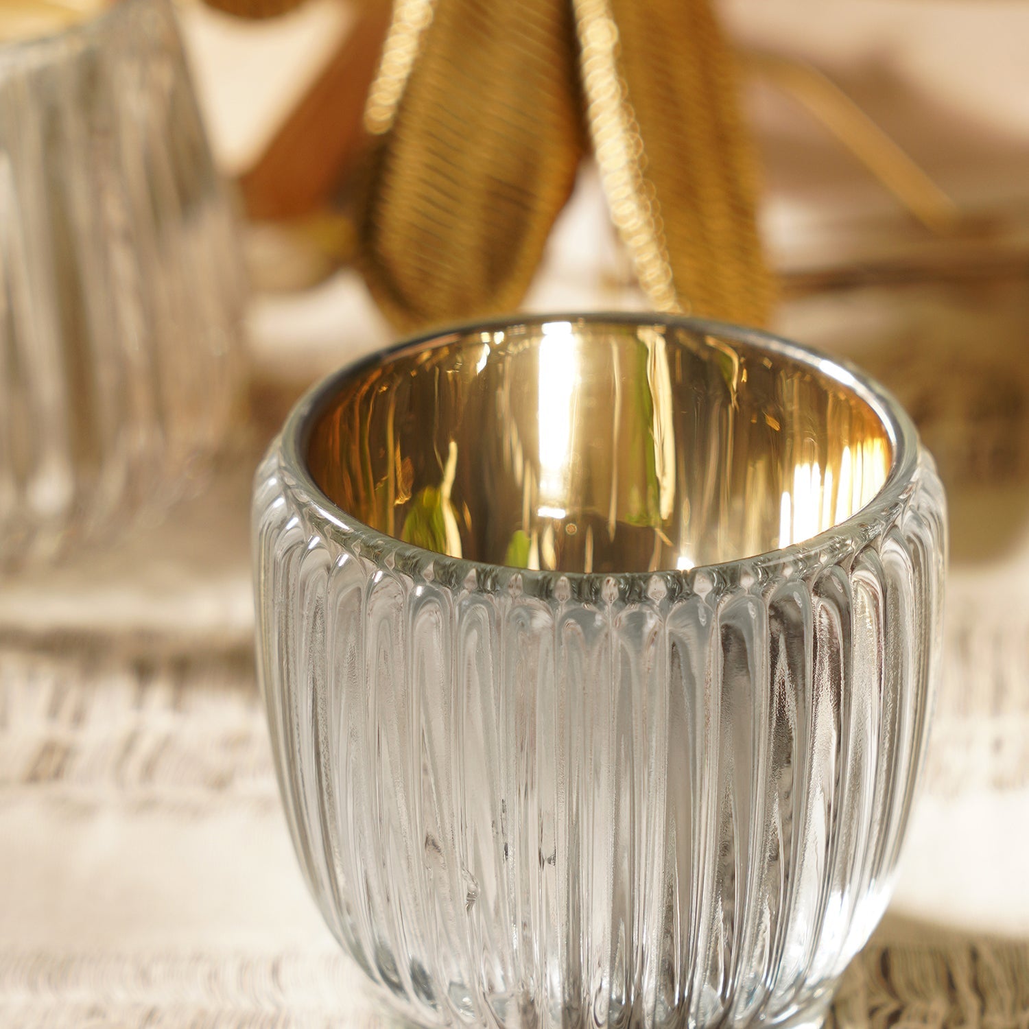 Set of 2 Silver Ribbed Texture Tealight Holders
