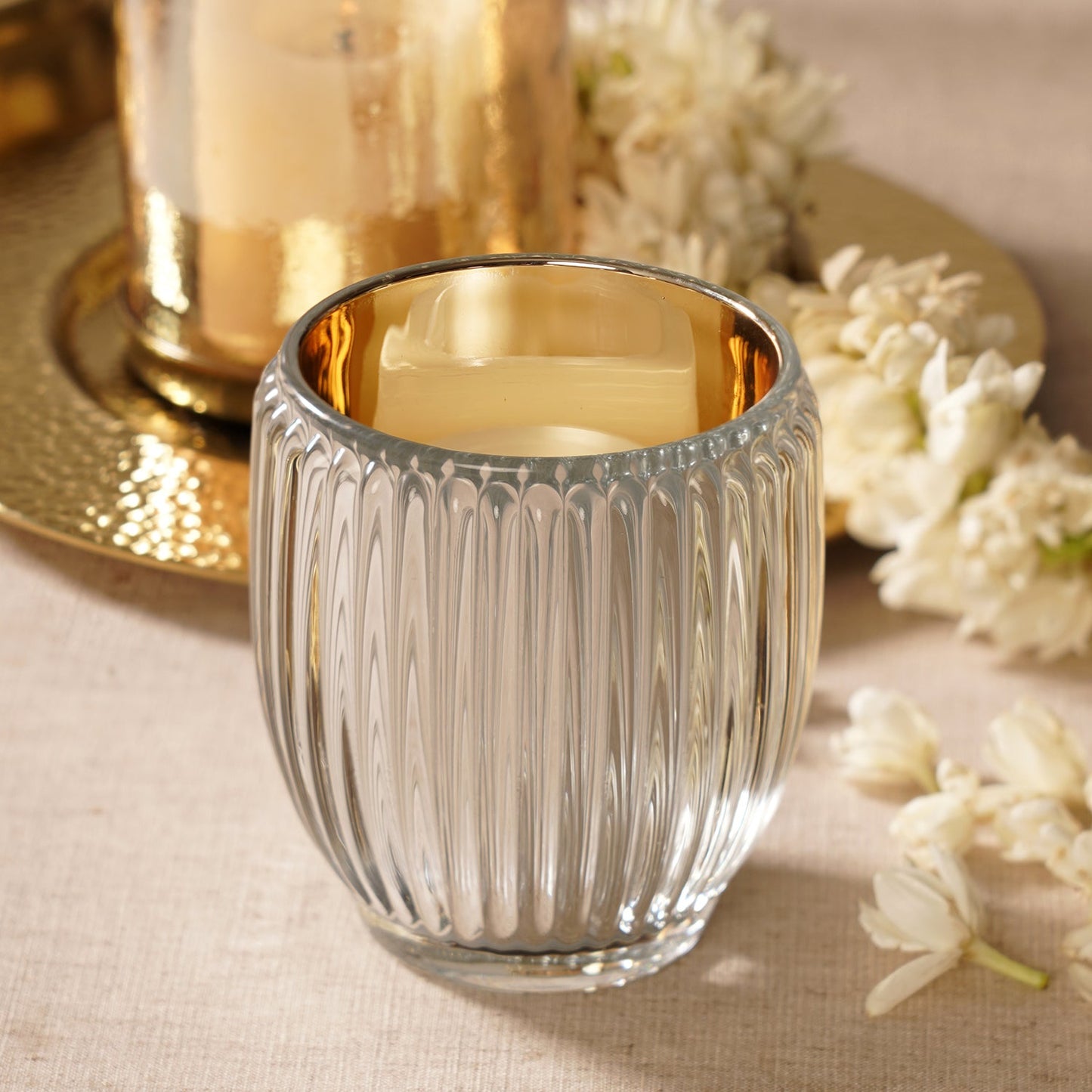 Set of 2 Silver Glass Ribbed Tealight Holders - Large