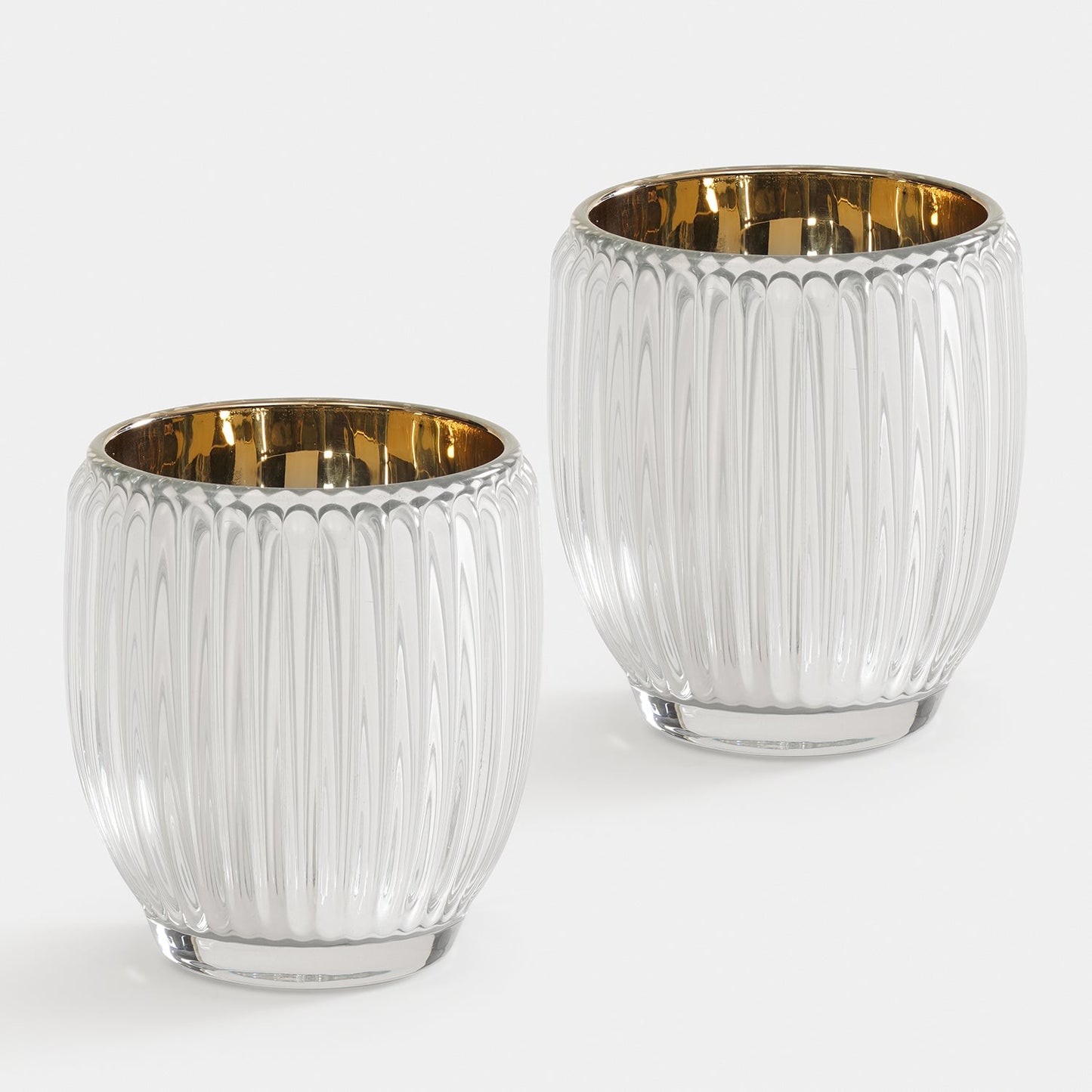 Set of 2 Silver Glass Ribbed Tealight Holders - Large