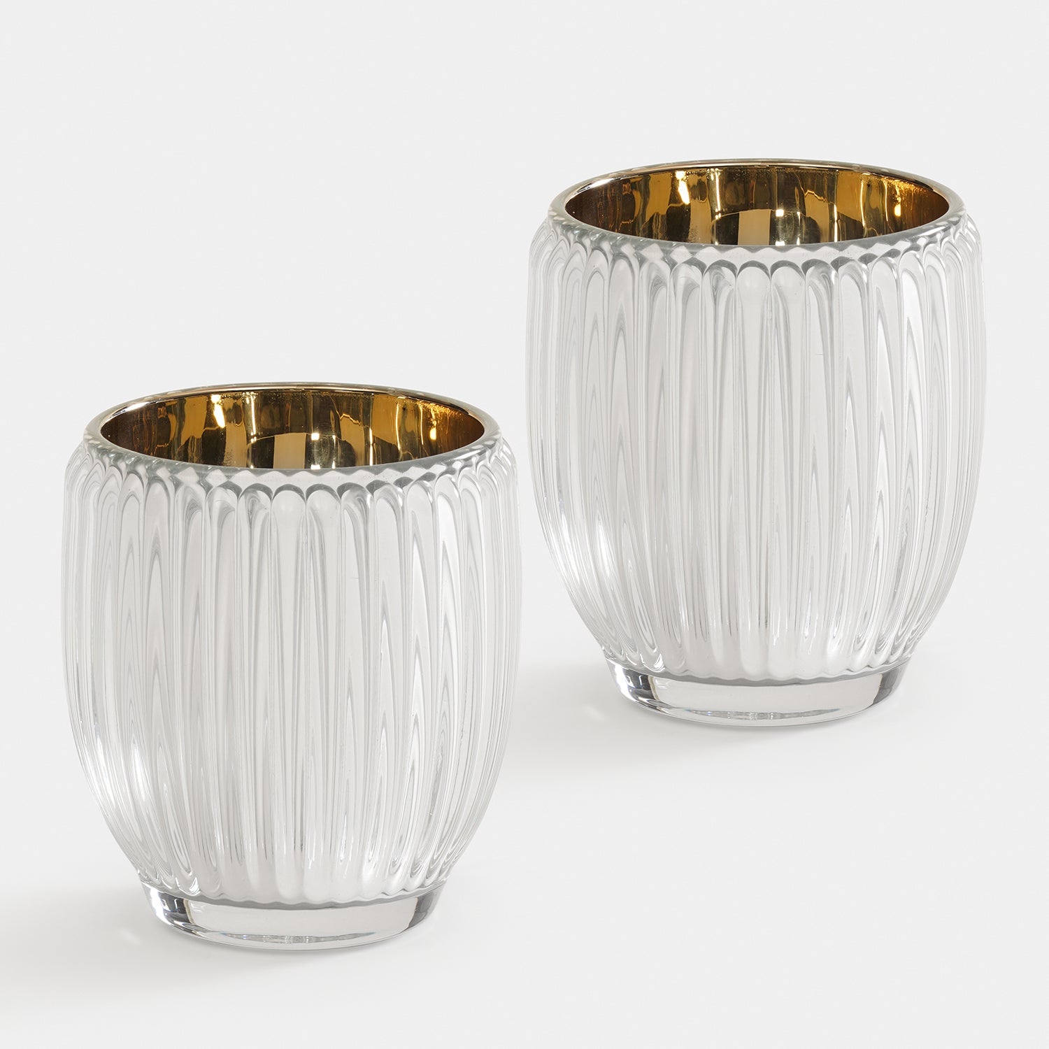 Set of 2 Silver Glass Ribbed Tealight Holders - Large