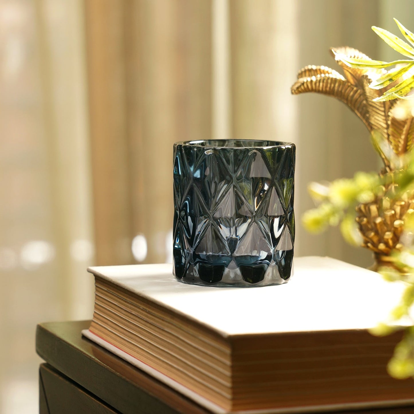 Set of 2 Grey Diamond Cut Glass Tealight Holder