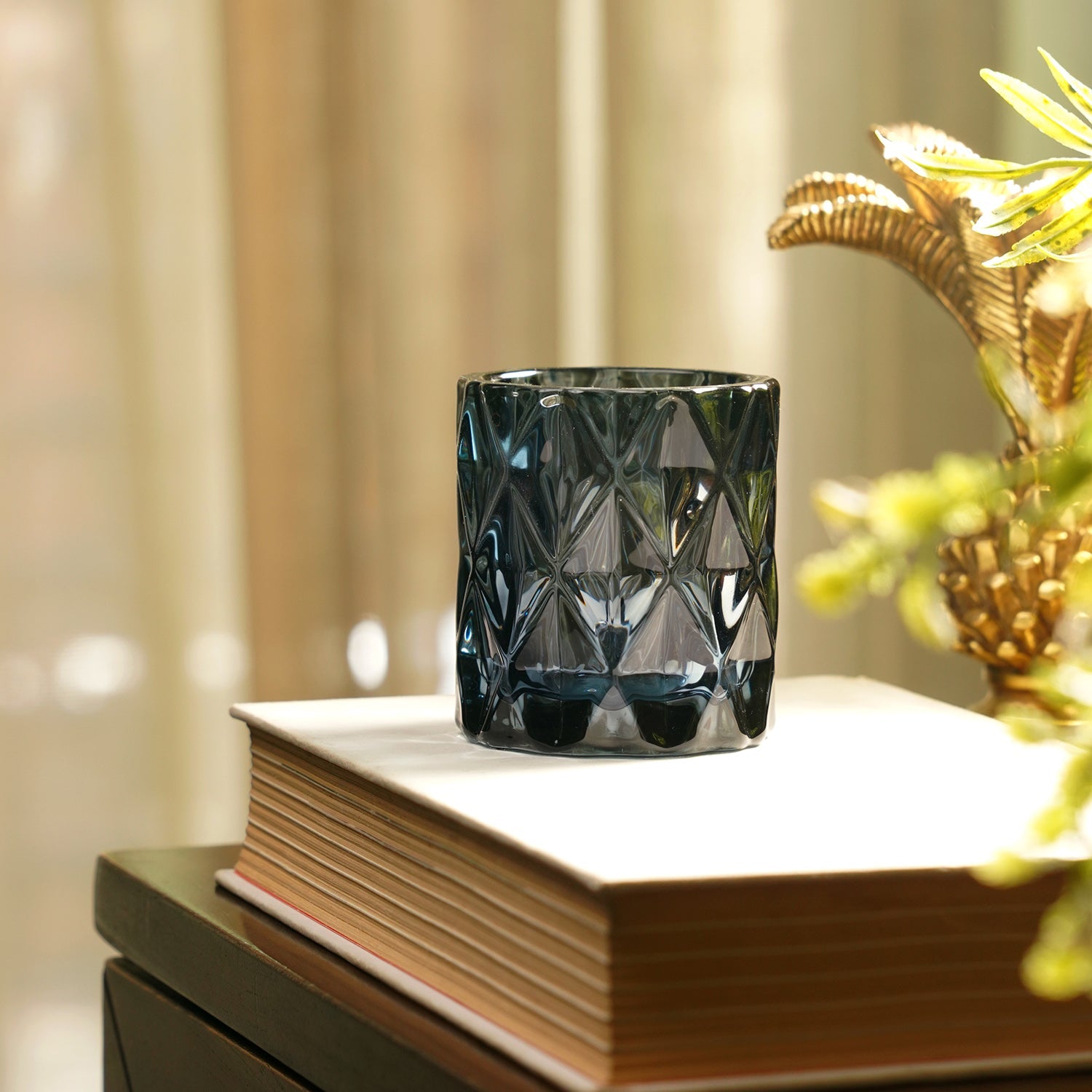 Set of 2 Grey Diamond Cut Glass Tealight Holder
