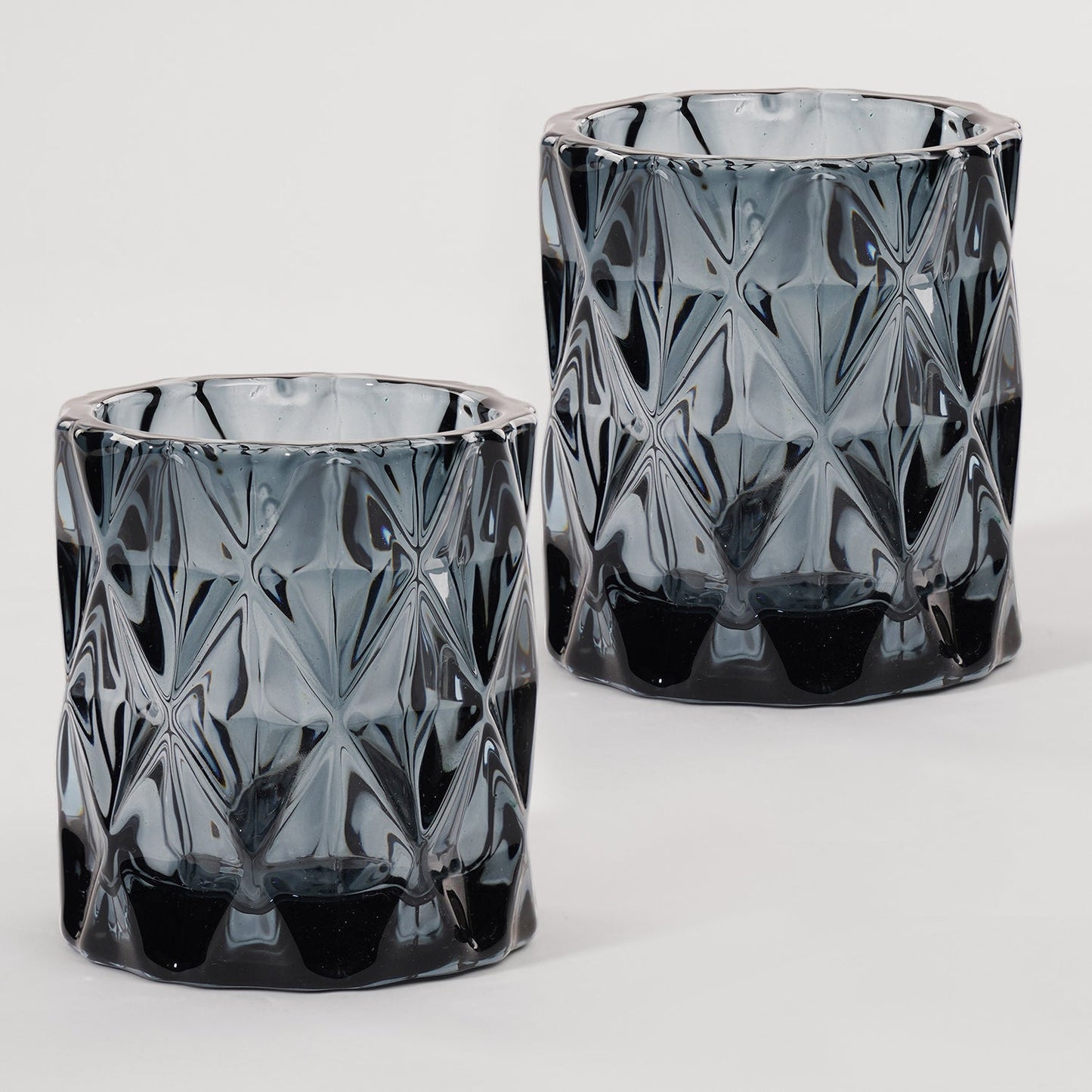 Set of 2 Grey Diamond Cut Glass Tealight Holder