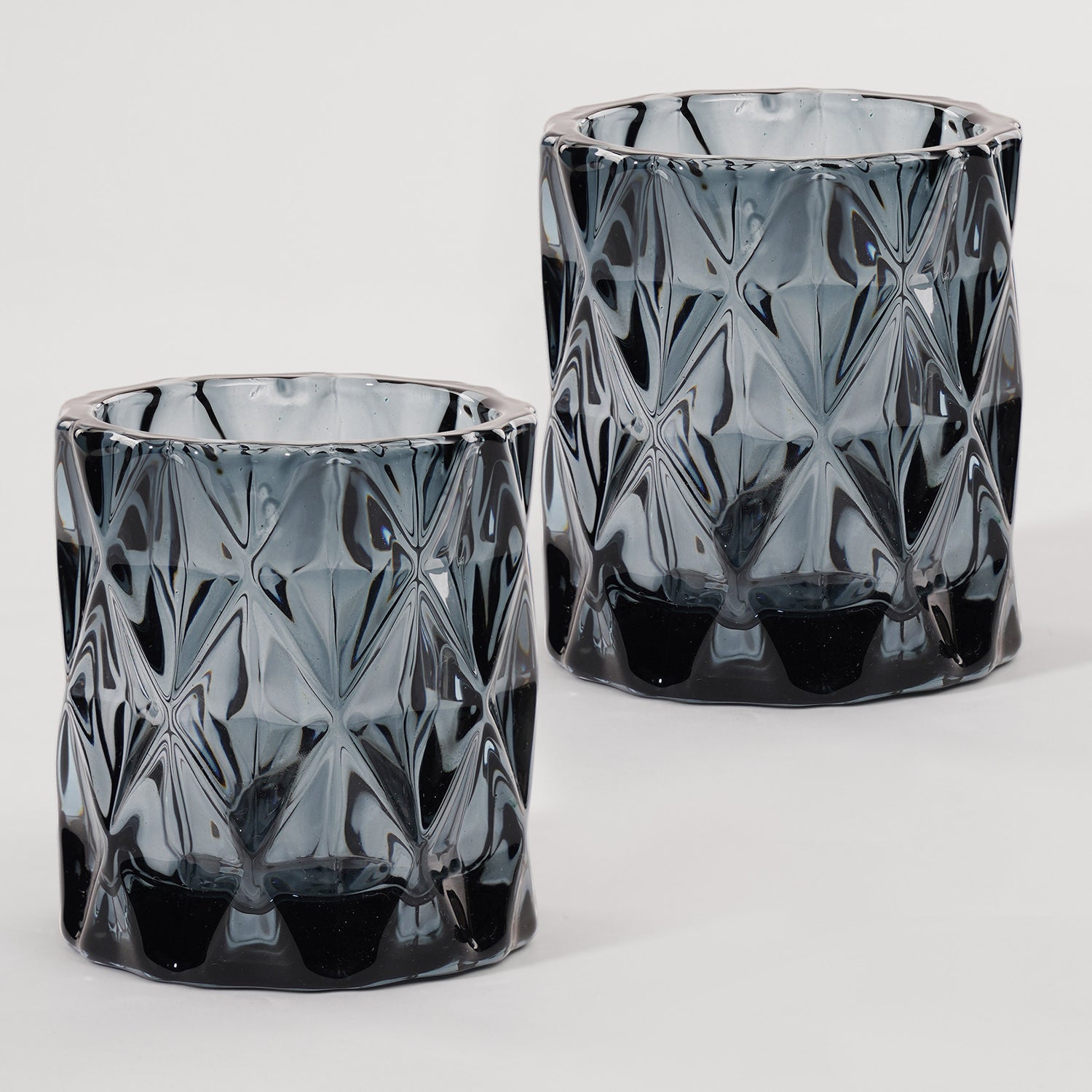 Set of 2 Grey Diamond Cut Glass Tealight Holder