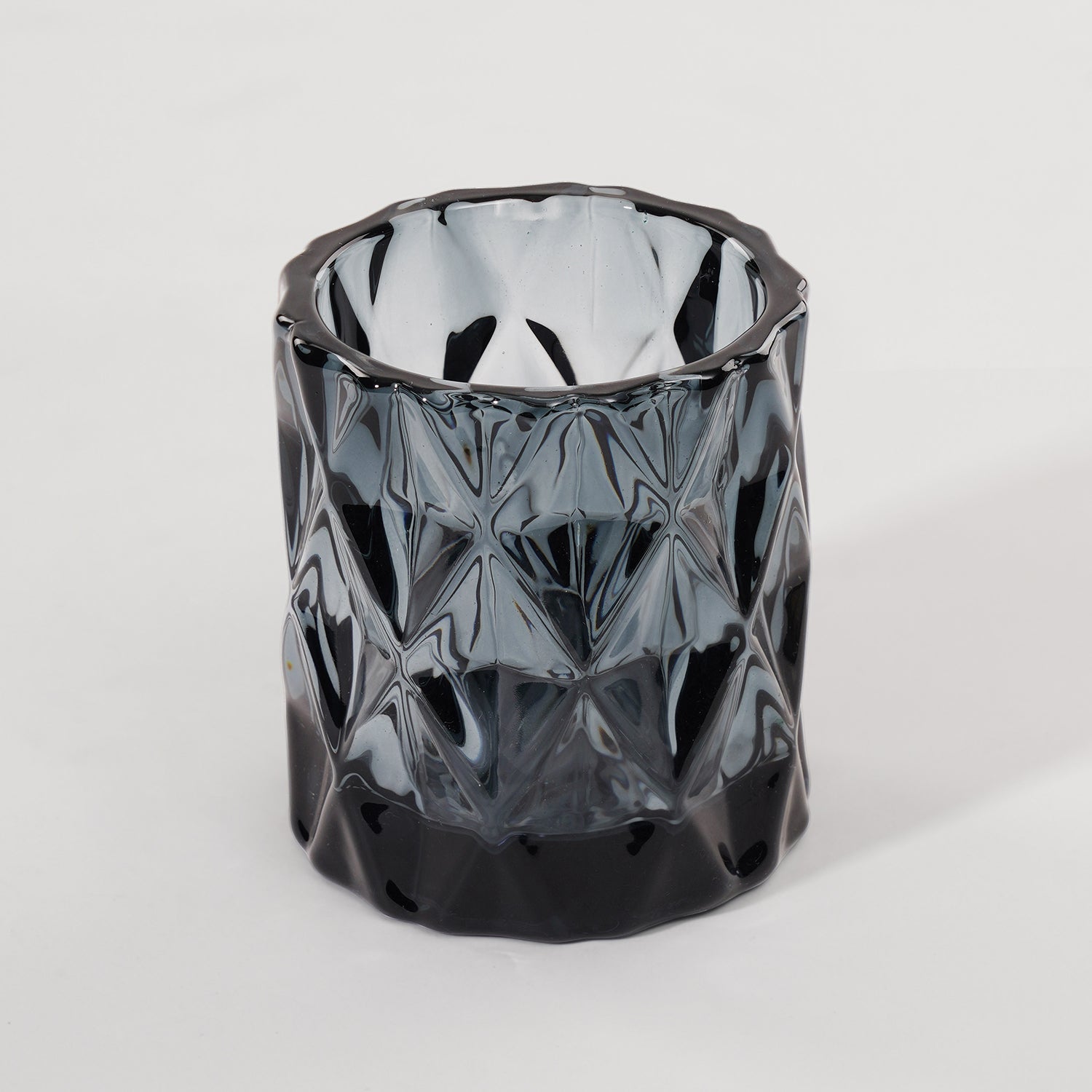 Set of 2 Grey Diamond Cut Glass Tealight Holder
