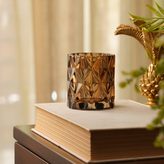 Set of 2 Dark Amber Diamond Cut Glass Tealight Holder