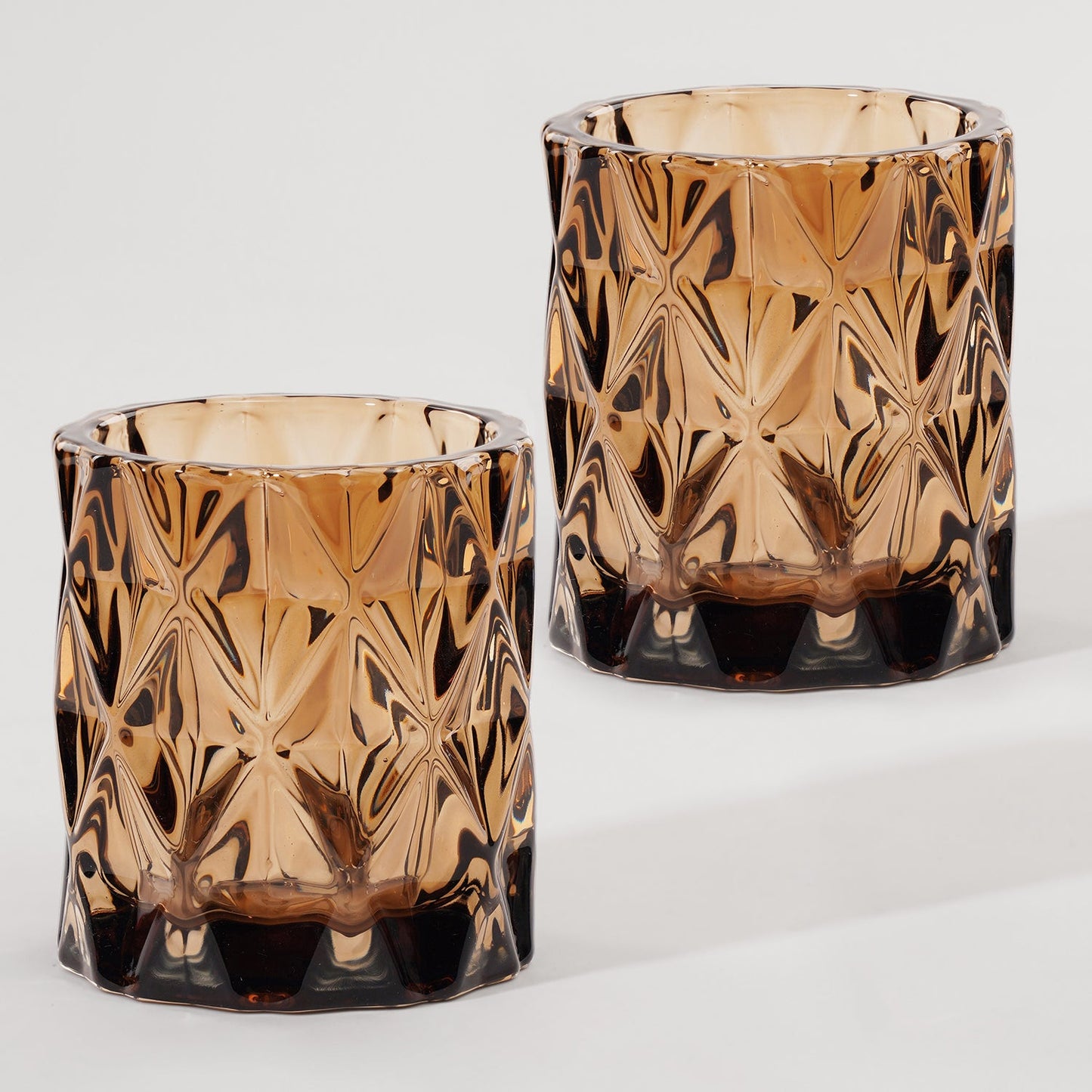 Set of 2 Dark Amber Diamond Cut Glass Tealight Holder