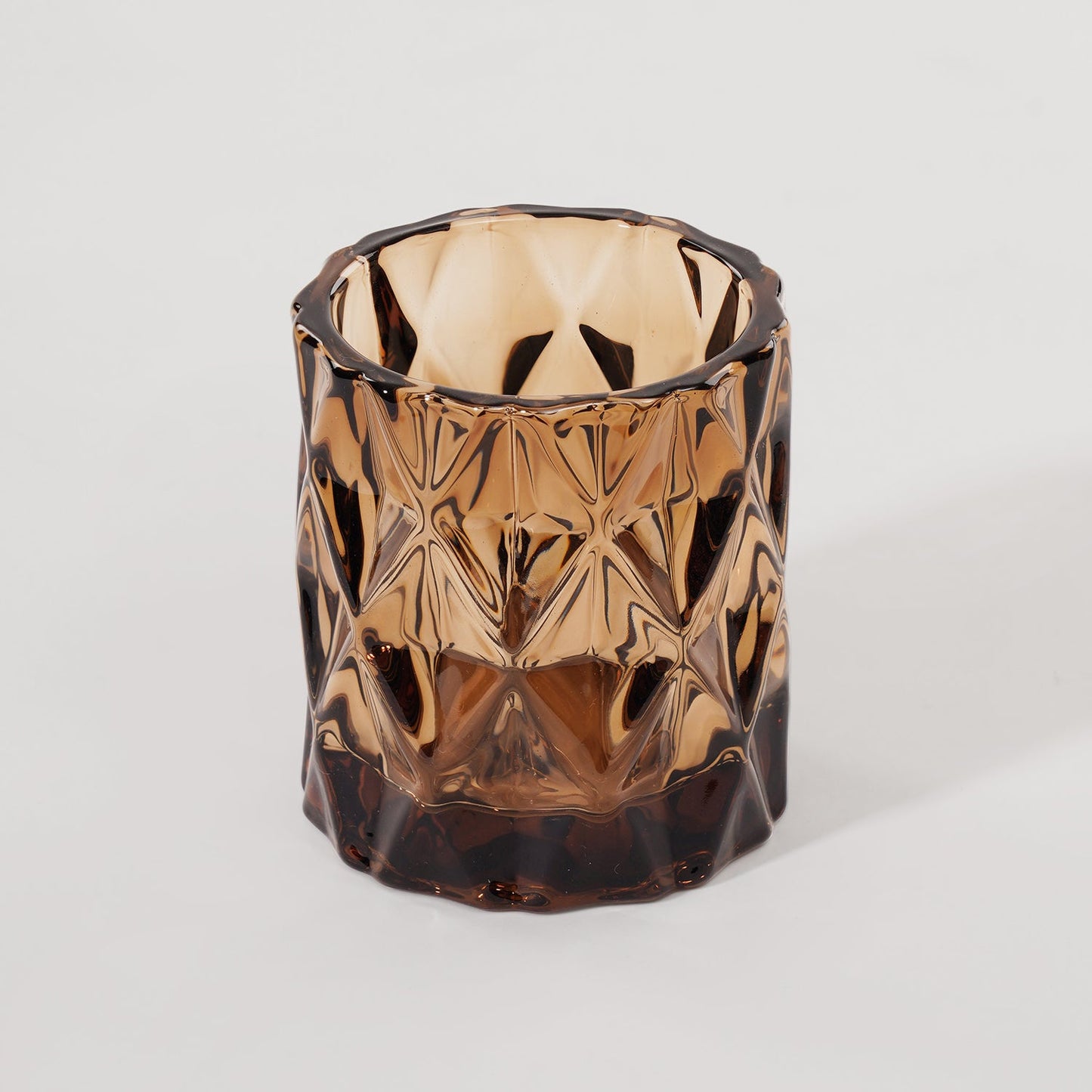 Set of 2 Dark Amber Diamond Cut Glass Tealight Holder